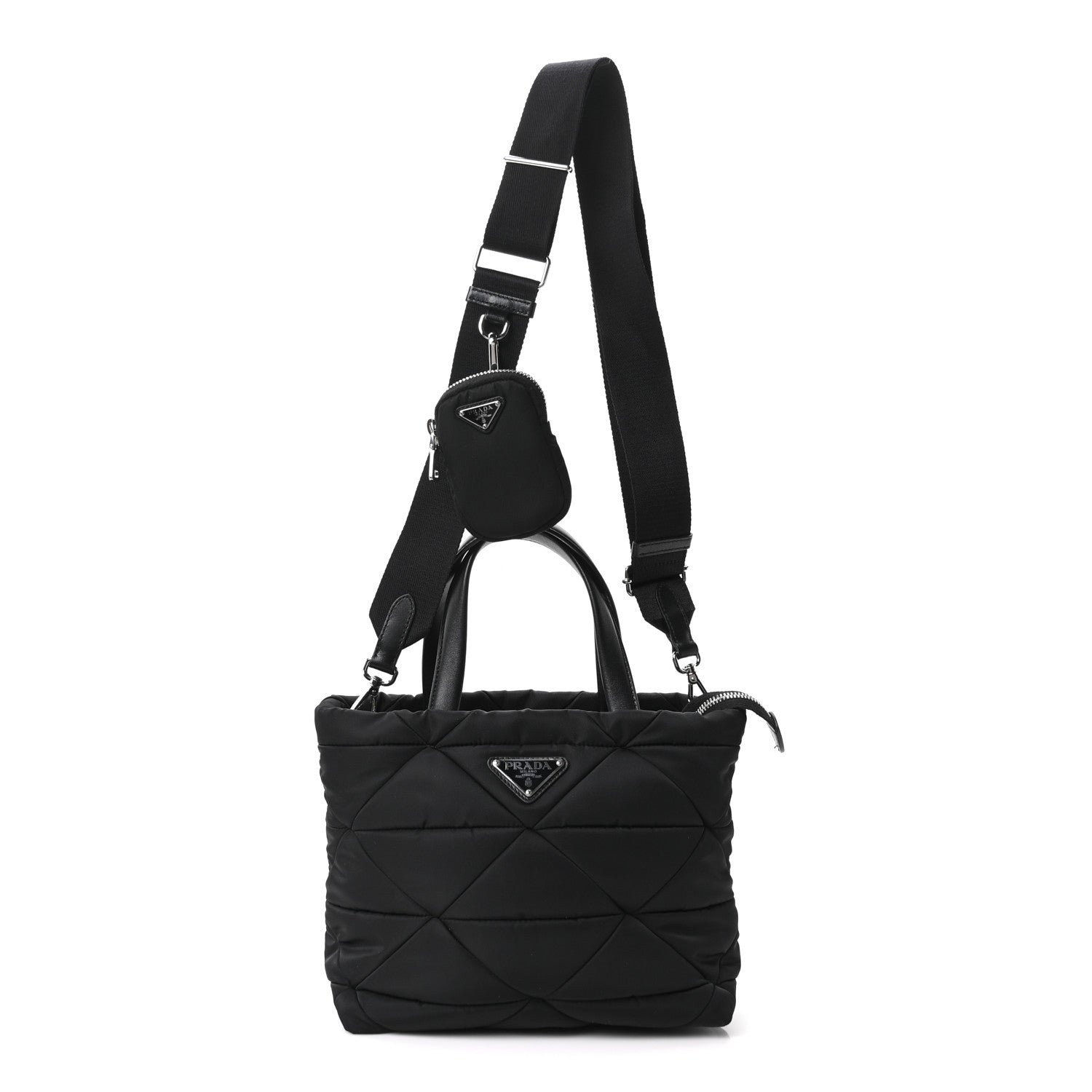Prada Re-Nylon Nappa Triangle Quilted Padded Double Handled Zip Pocket Tote Black