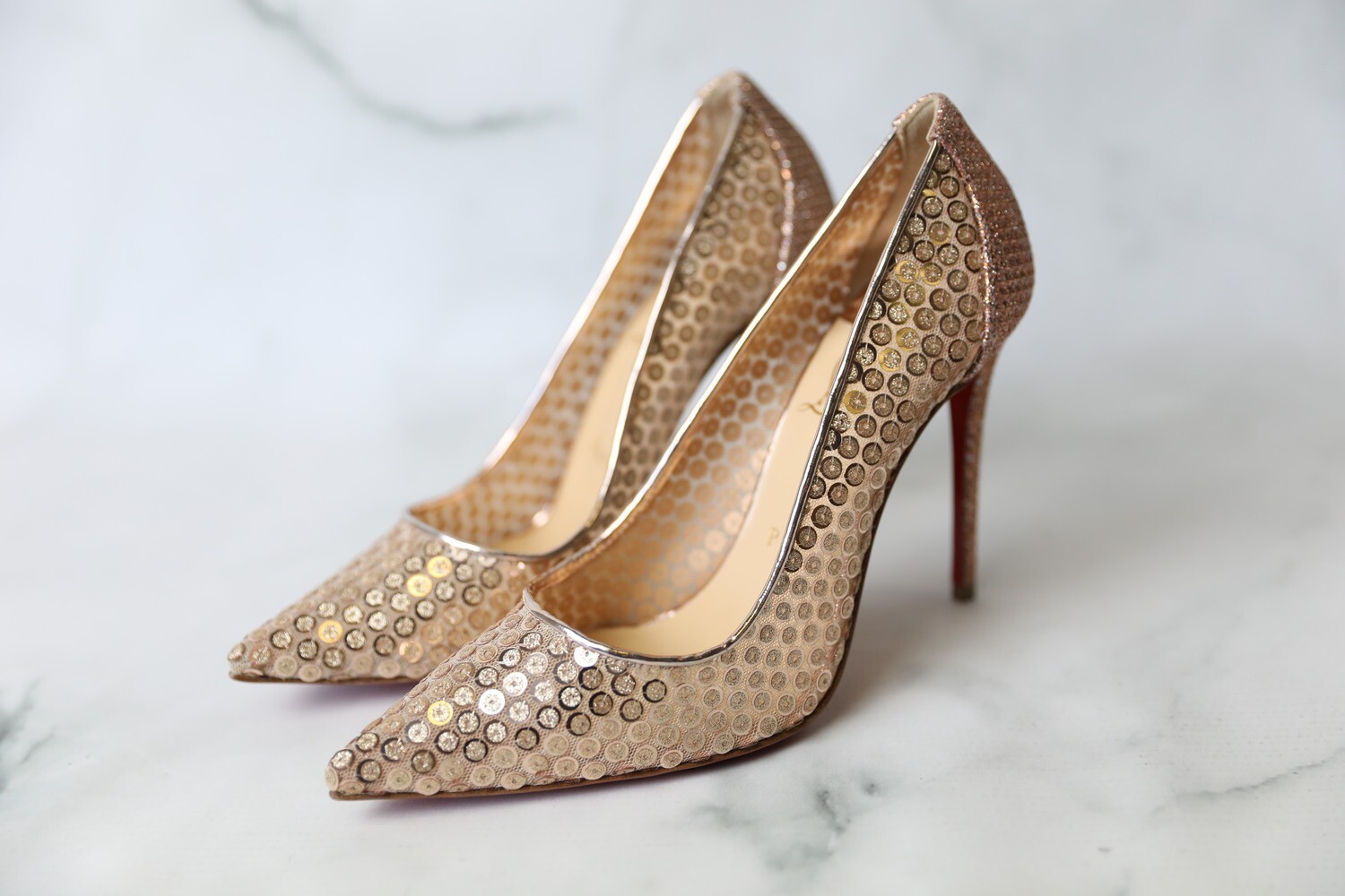 Christian Louboutin Christian Louboutin Shoes 554 Lace Sequin Nude Gold Point-toe Heels Pumps 100mm, Size 37.5,  New in Box WA001