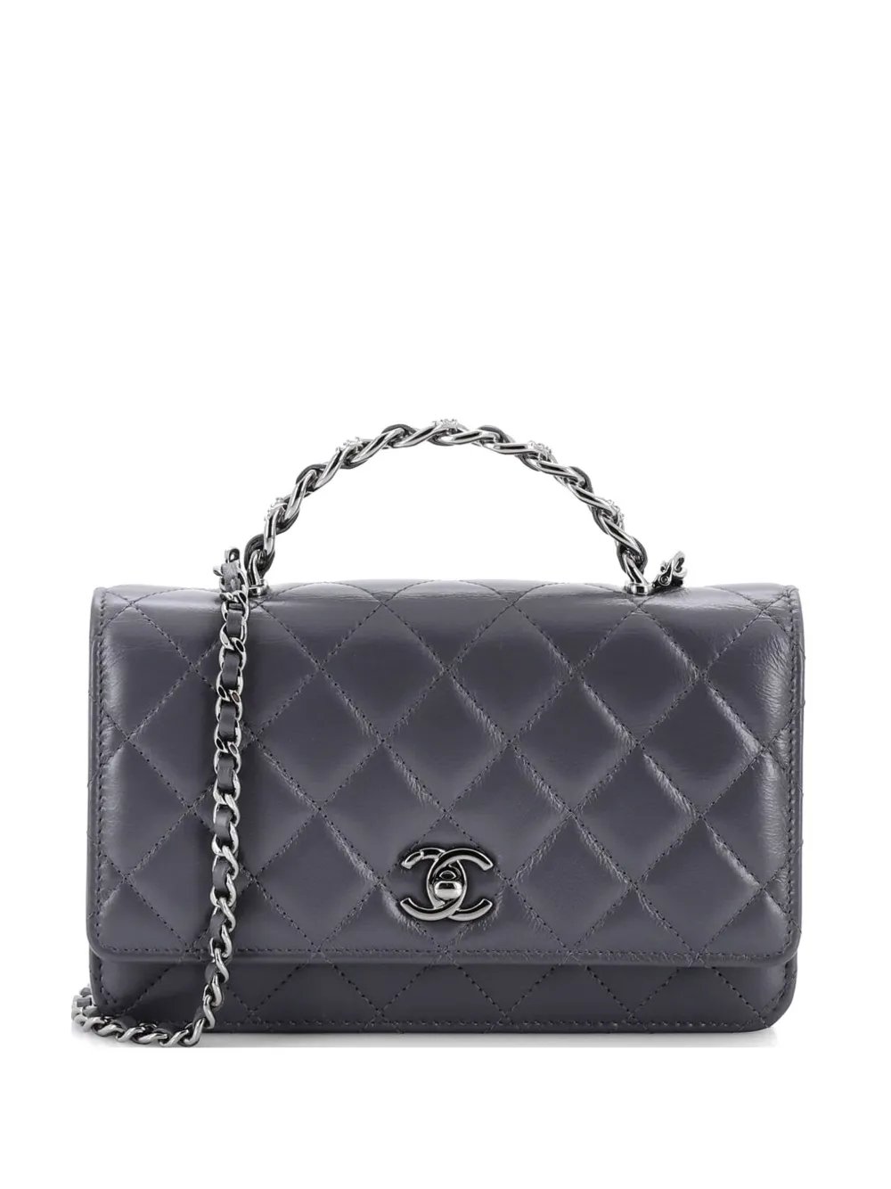 Top Handle Phone Holder with Chain Quilted Shiny Calfskin with Crystals crossbody bag