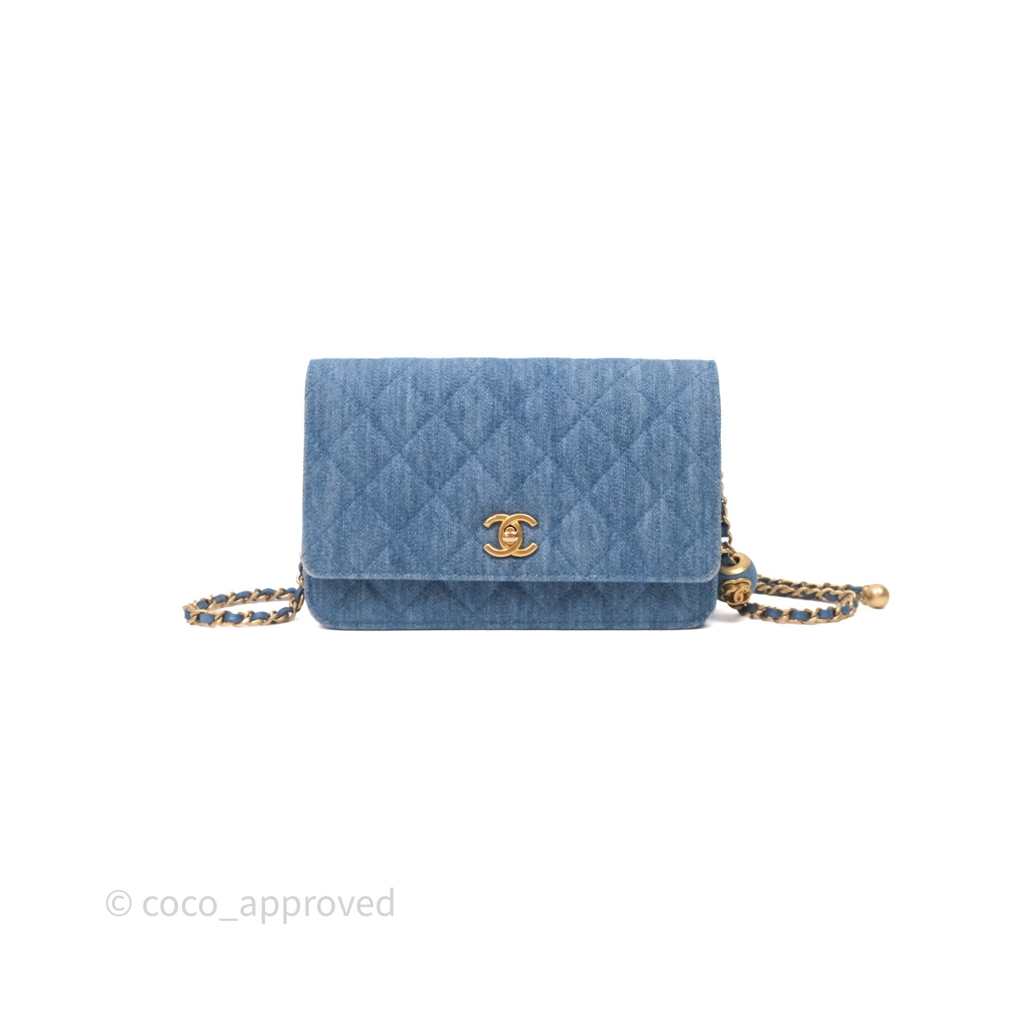 Chanel Quilted Pearl Crush Wallet on Chain WOC Denim Aged Gold Hardware