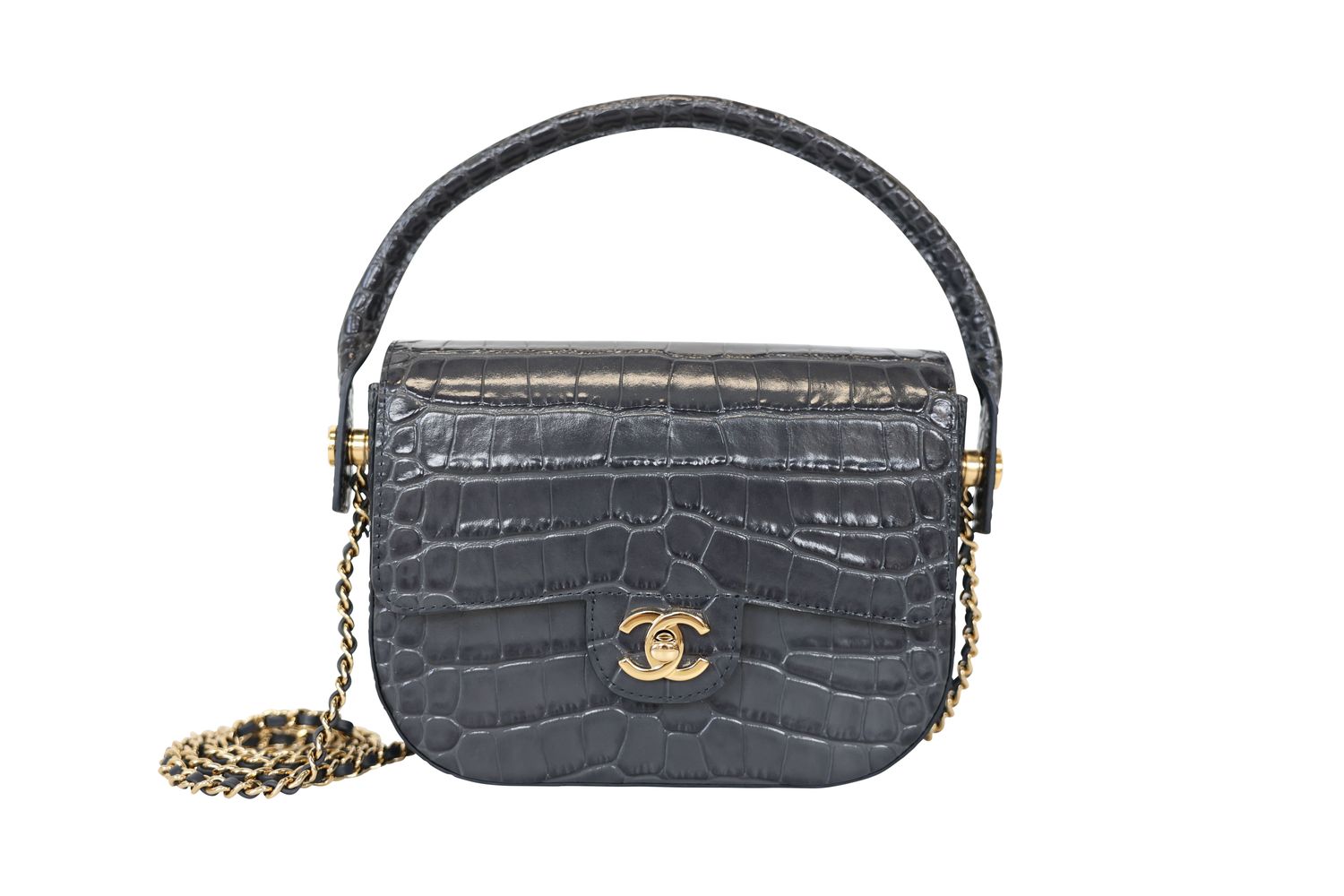 Chanel Turn Around Flap with Top Handle Mini Bag, Gray Shiny Croc Embossed Calfskin and Gold Hardware, New in Box WA001