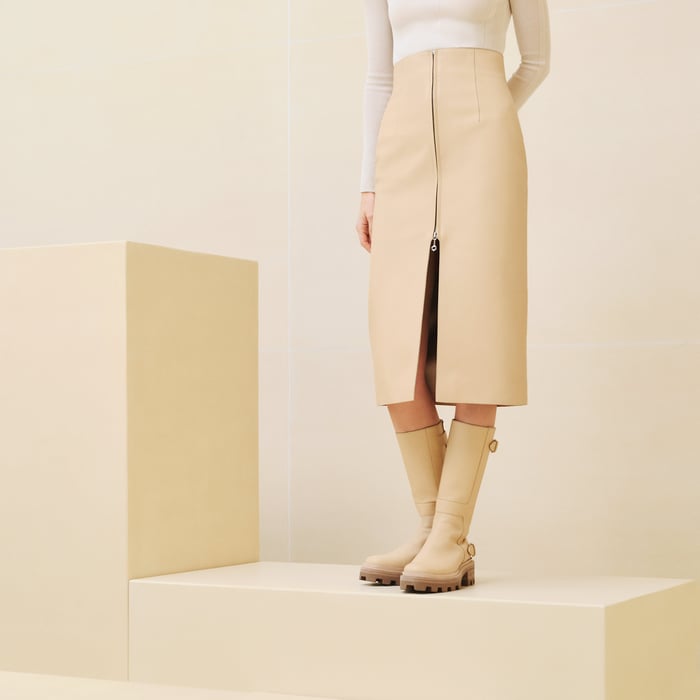 Beige Tendre Zipped Pencil Skirt