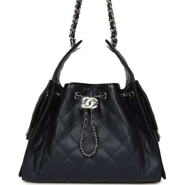 Chanel Small 25 Hobo Bag Dark Blue Metallic Caviar Silver Hardware