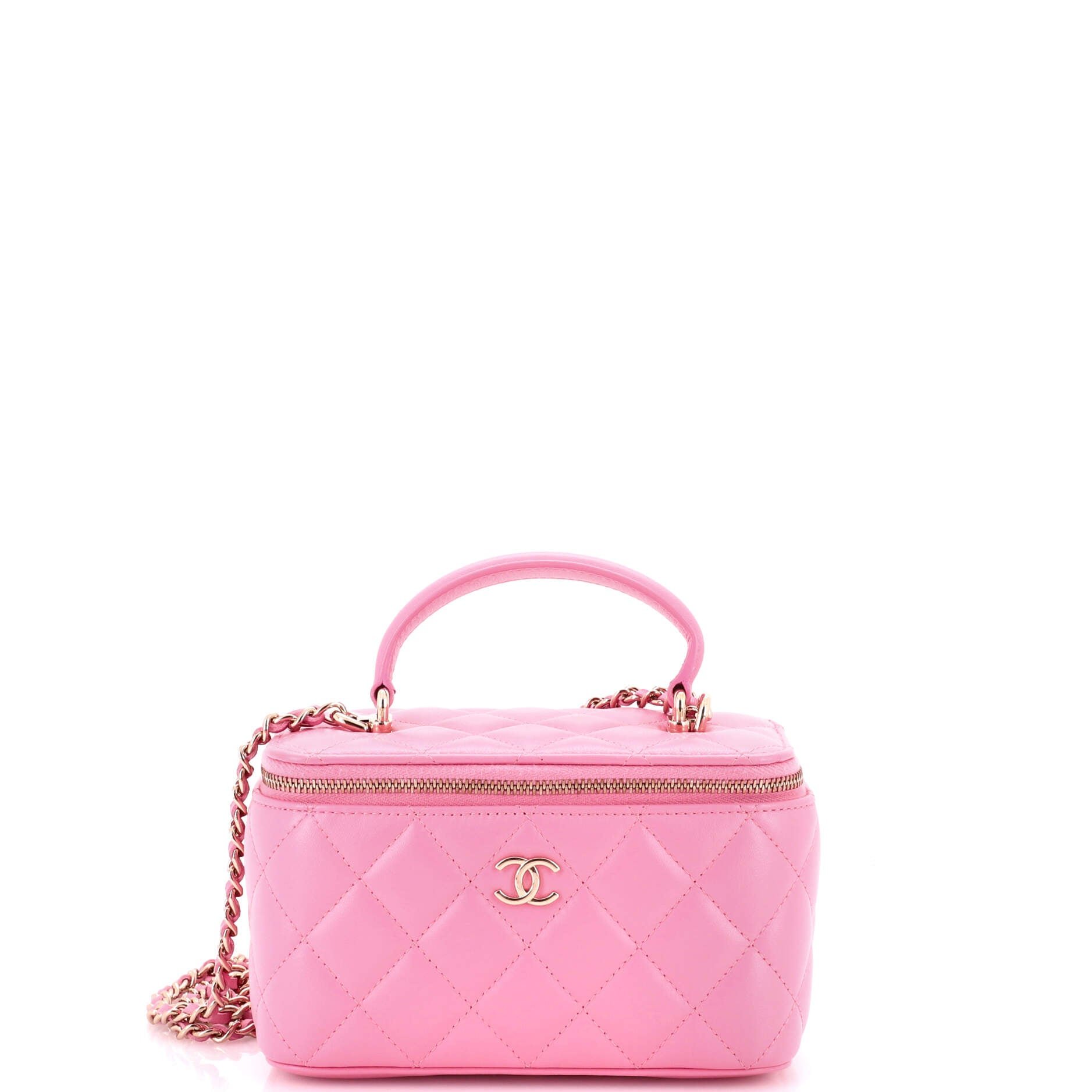 Classic Top Handle Vanity Case with Chain Quilted Lambskin Small