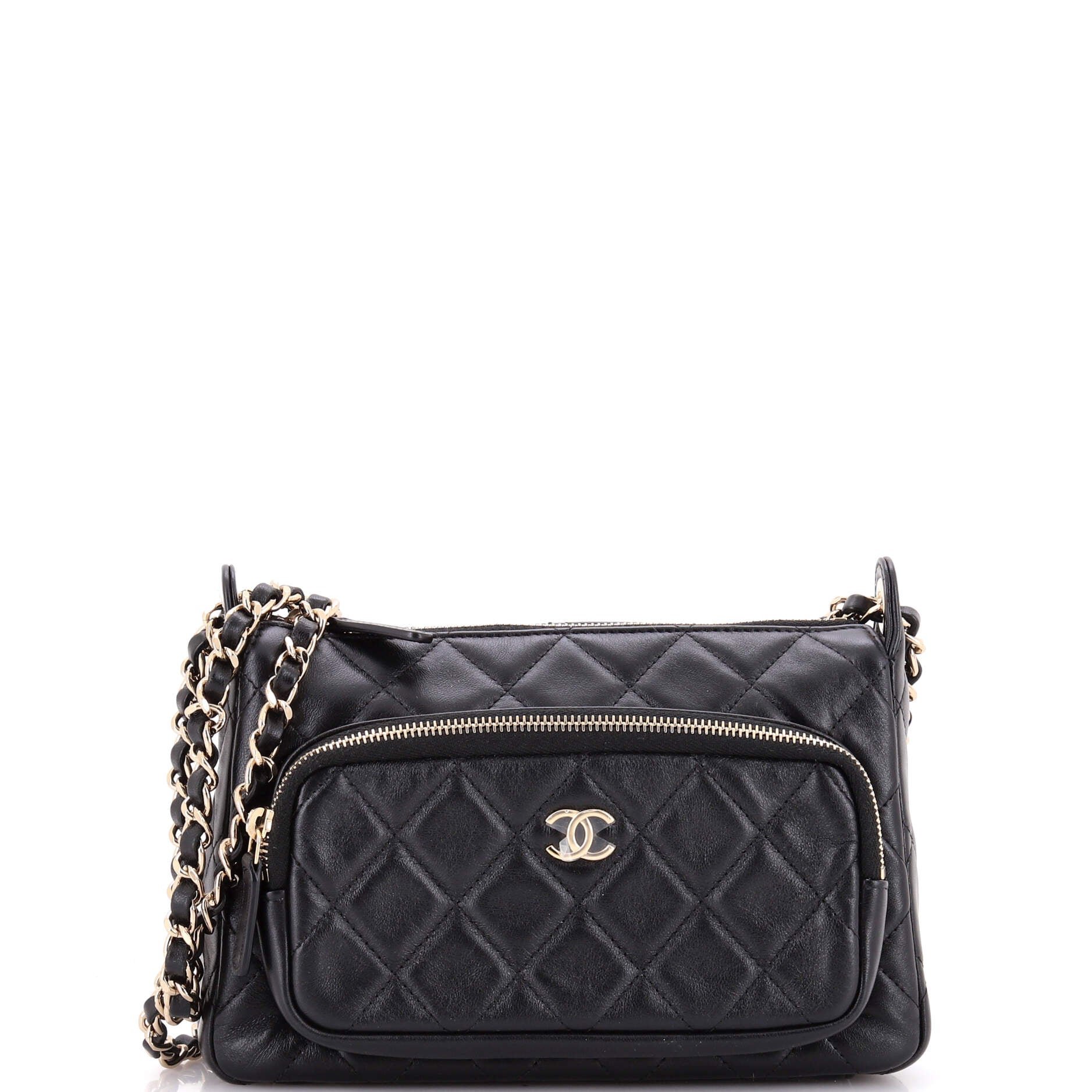 CC Front Pocket Zip Clutch with Chain Quilted Lambskin Large