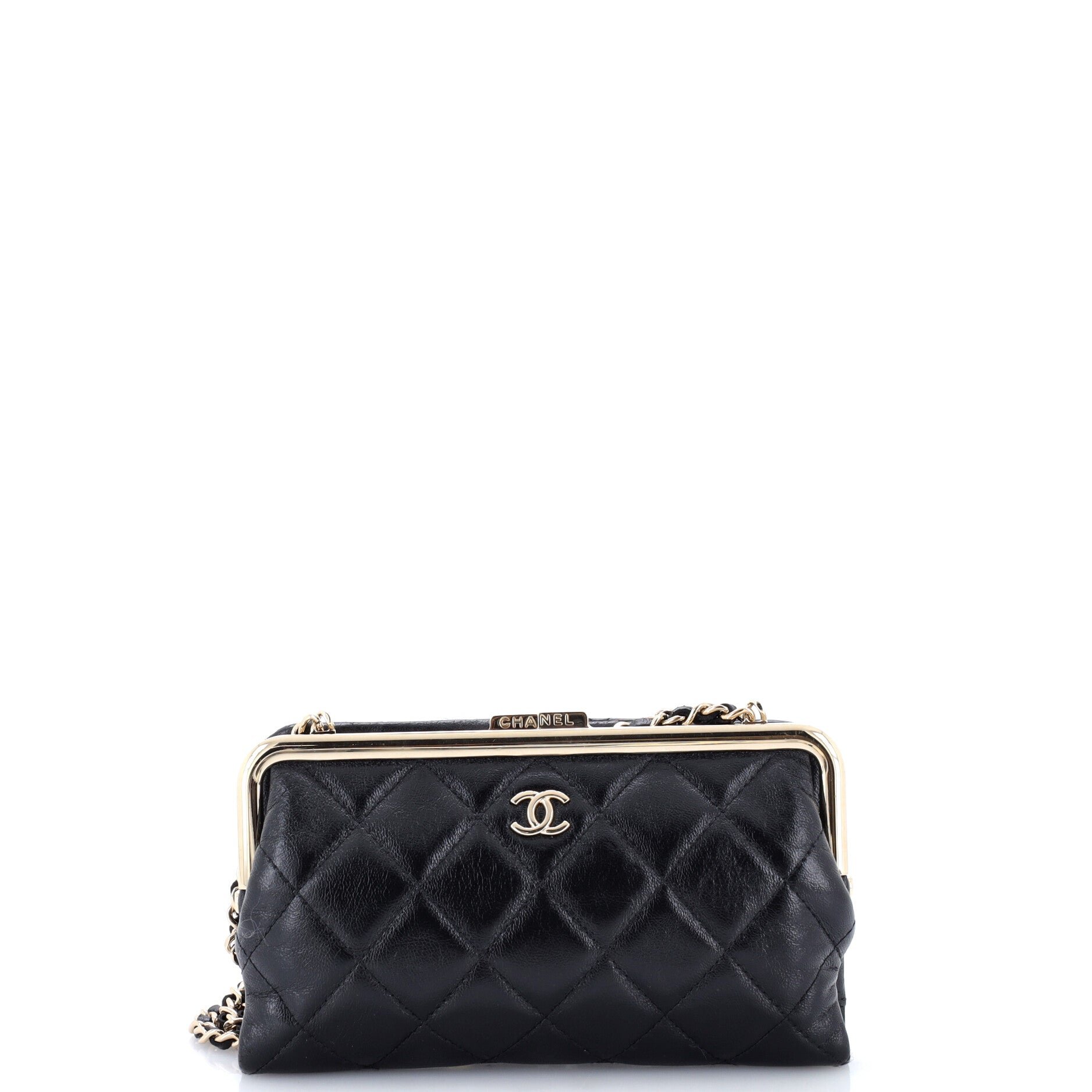 Logo Clasp Frame Clutch with Chain Quilted Lambskin Small