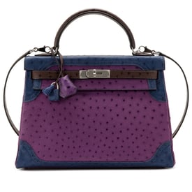 Hermes Violet, Blue de Malte and Marron Ostrich Ghillies Kelly 32 Palladium Hardware, 2013