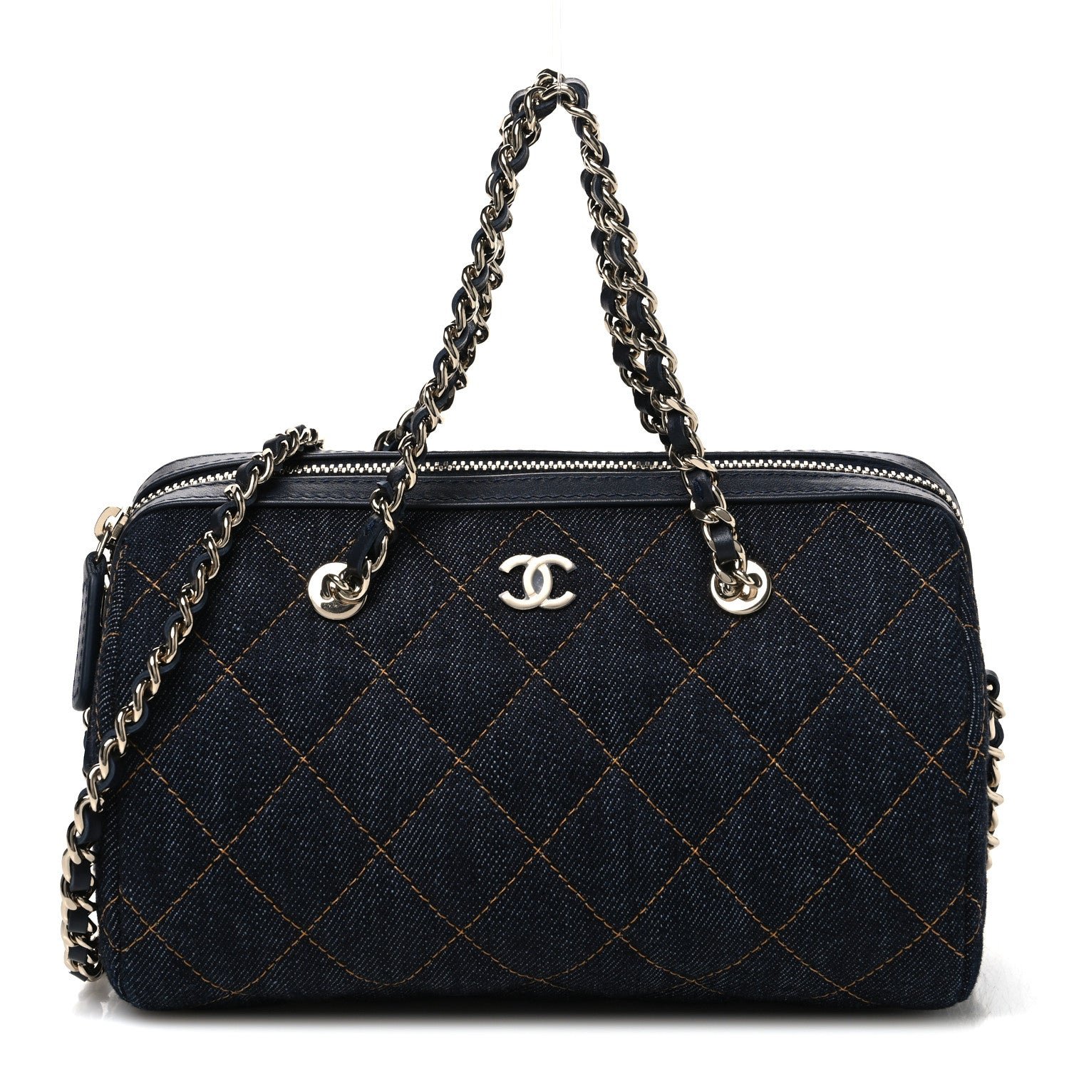 Chanel Denim Quilted Barrel Clutch With Chain Dark Blue Orange