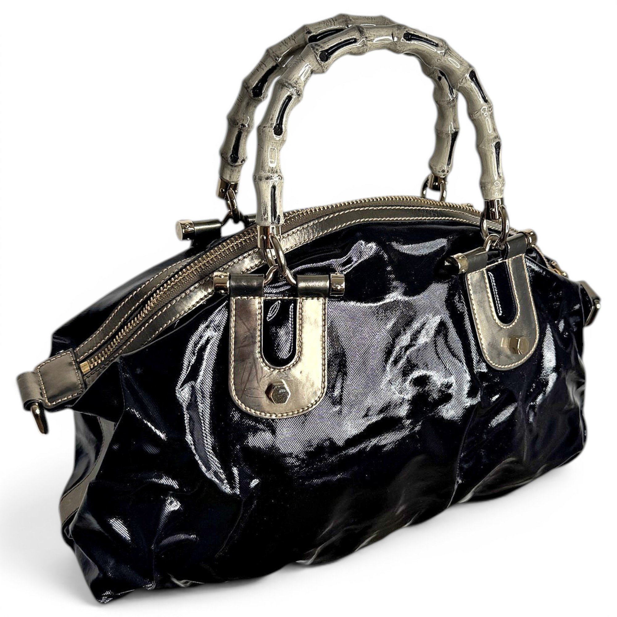 Bamboo patent leather handbag