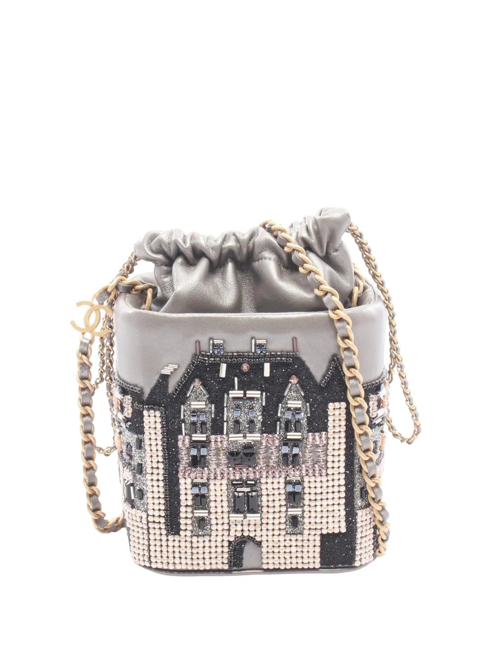 2021 Metallic Lambskin Crystal Metiers D Art Chateau de Chenonceau bucket bag