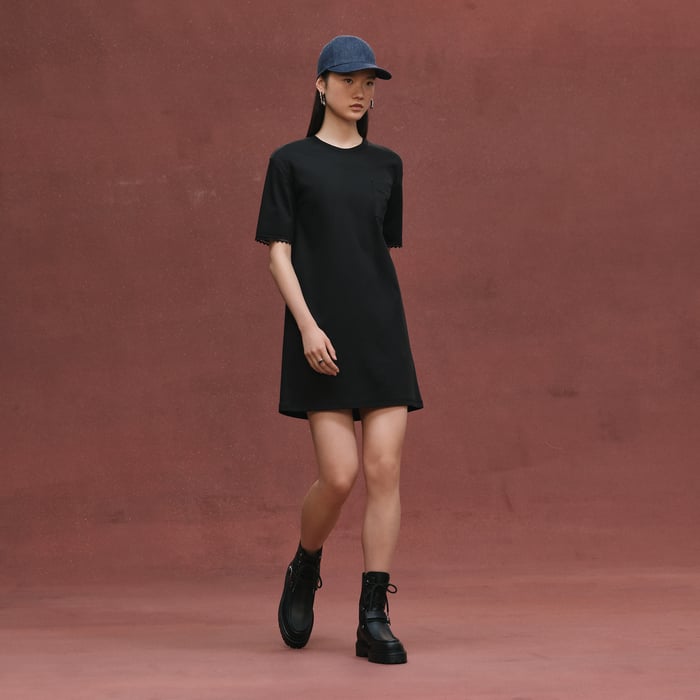 Noir Embroidered Pocket Flared Dress
