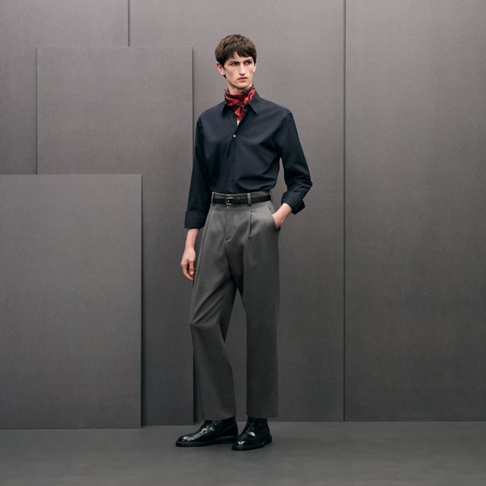 Marine Straight Cut Shirt With Leather Detail