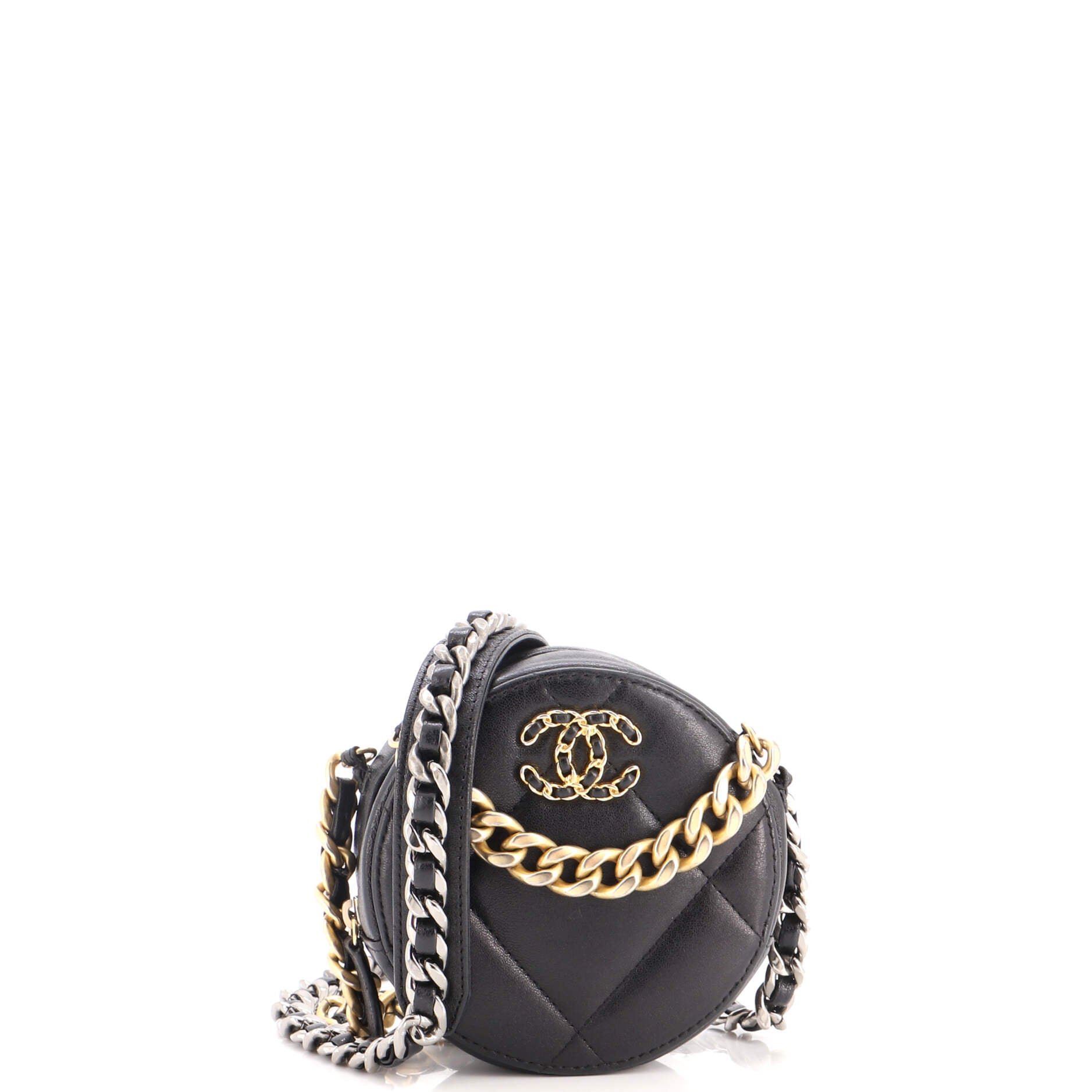 19 Round Clutch with Chain Quilted Leather