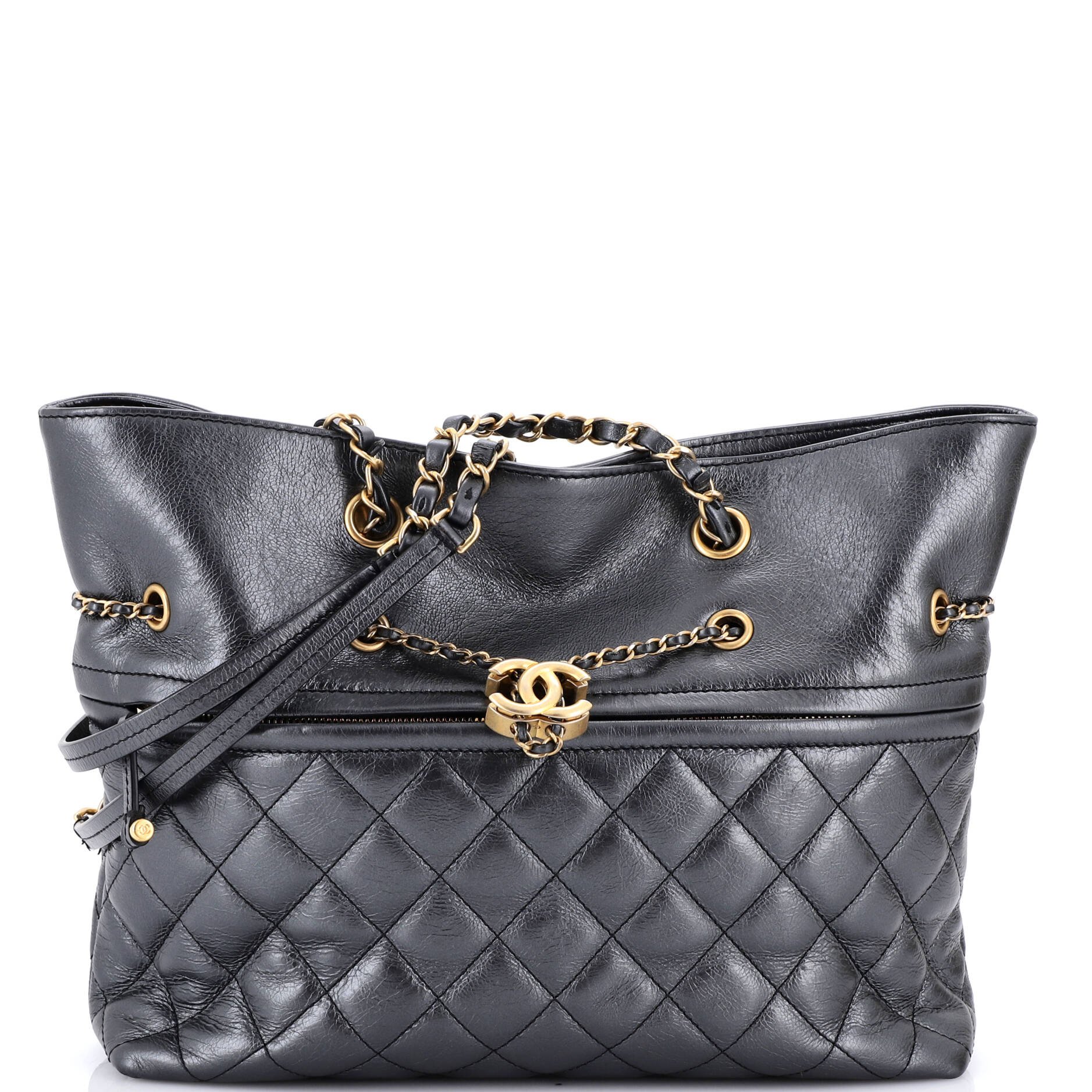 Front Zip CC Drawstring Chain Tote Quilted Calfskin Medium