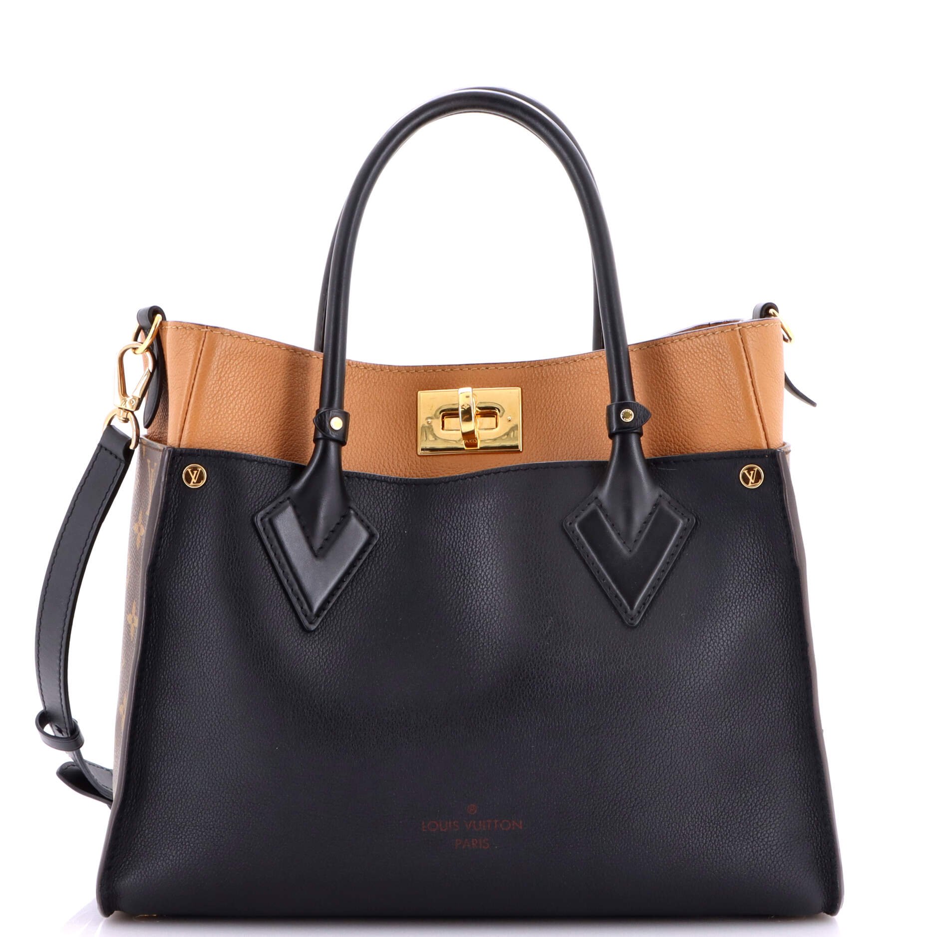 On My Side Tote Leather with Monogram Canvas MM