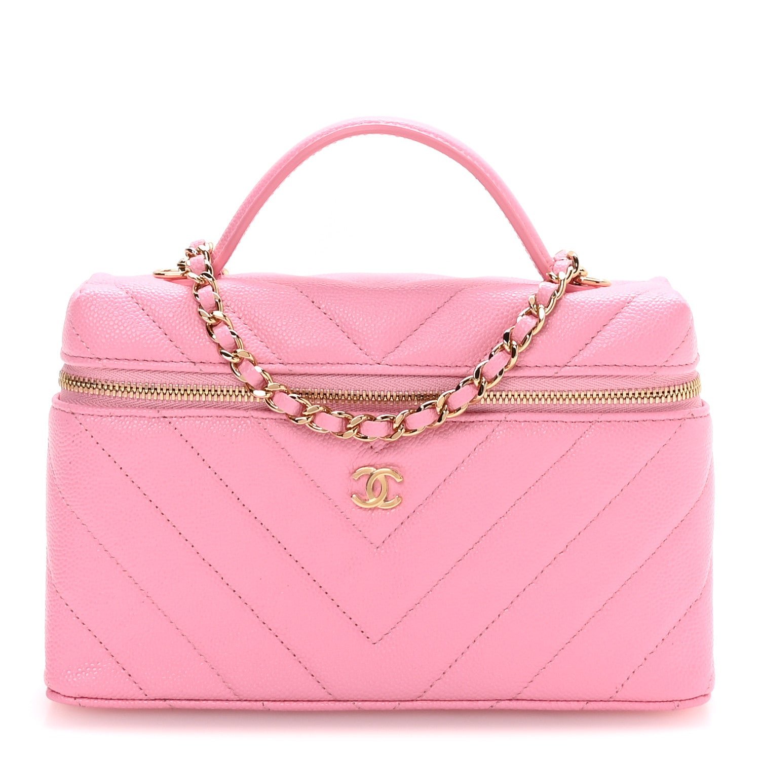 Chanel Shiny Caviar Quilted Sleek Chevron Vanity With Chain Rose
