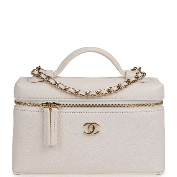 Chanel "Supple" Top Handle Long Vanity Case with Chain White Grained Calfskin Gold Hardware