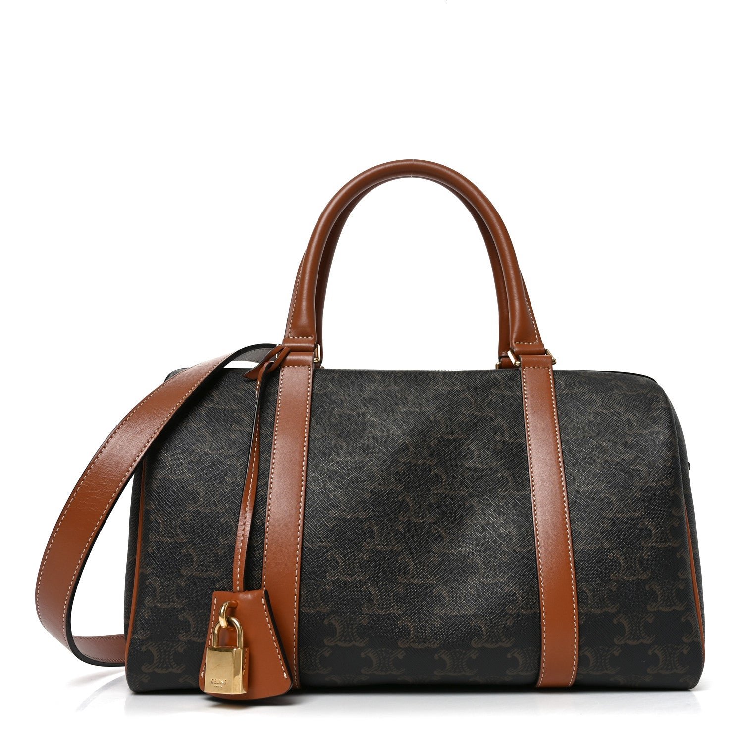 Celine Triomphe Canvas Calfskin Boston Bag Tan