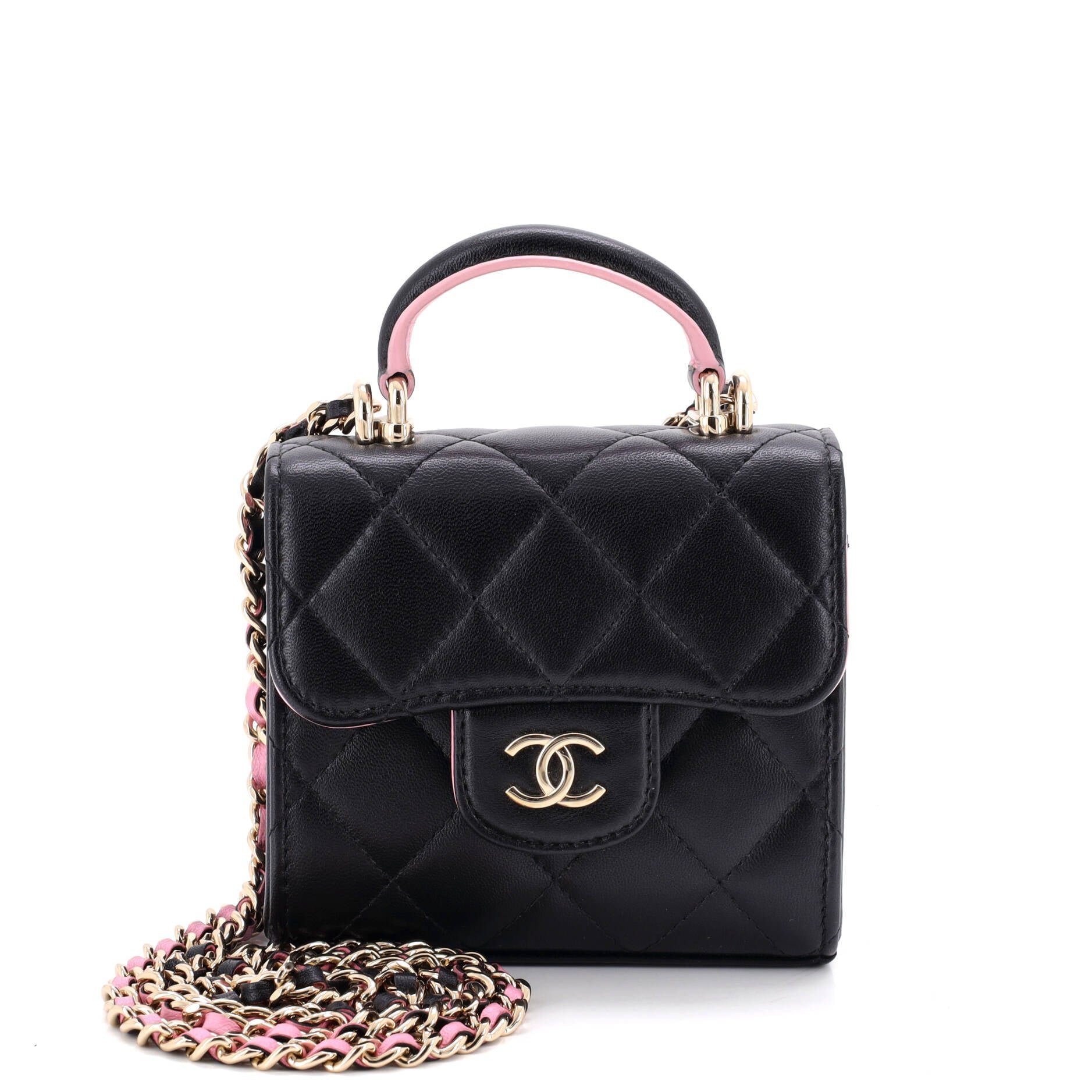 Square Classic Flap Top Handle Clutch with Chain Quilted Lambskin