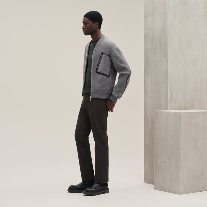 Gris Zipped Varsity Cardigan With Leather Detail
