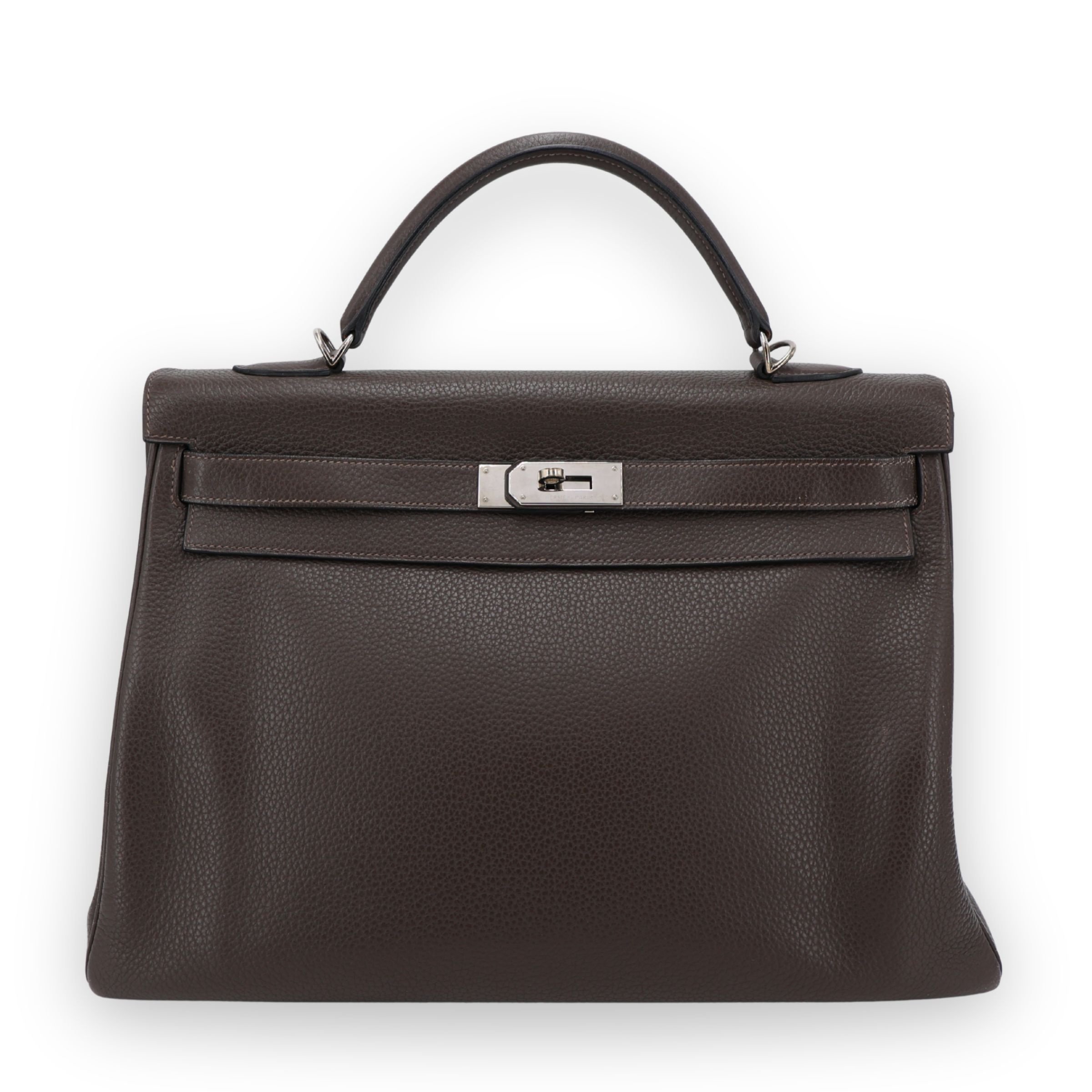Very Good ( Rank A) HERMÈS Kelly 40 Café (4A) Clemence Palladium hardware Square N (2010)