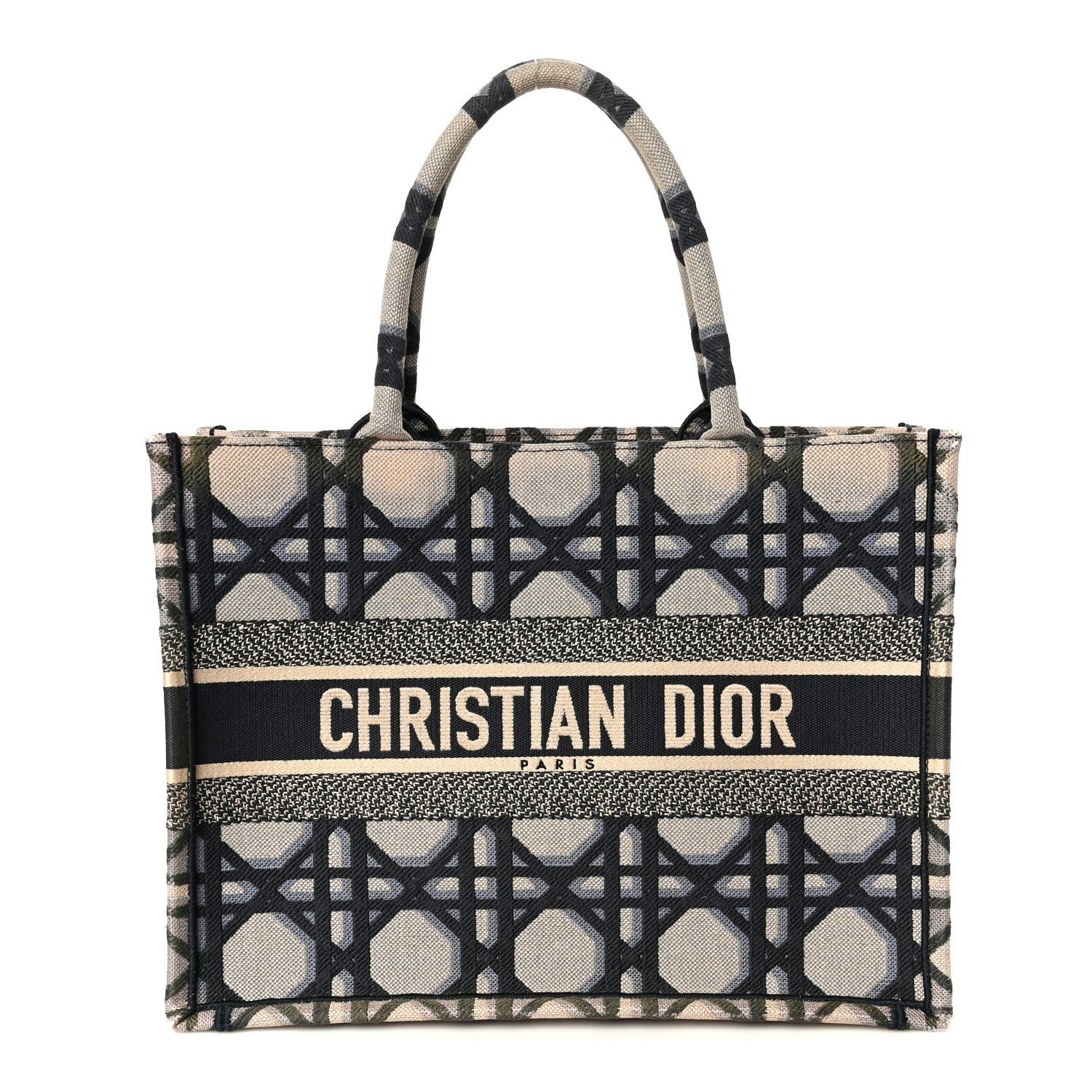 Christian Dior Canvas Macrocannage Embroidered Medium Book Tote Beige Blue
