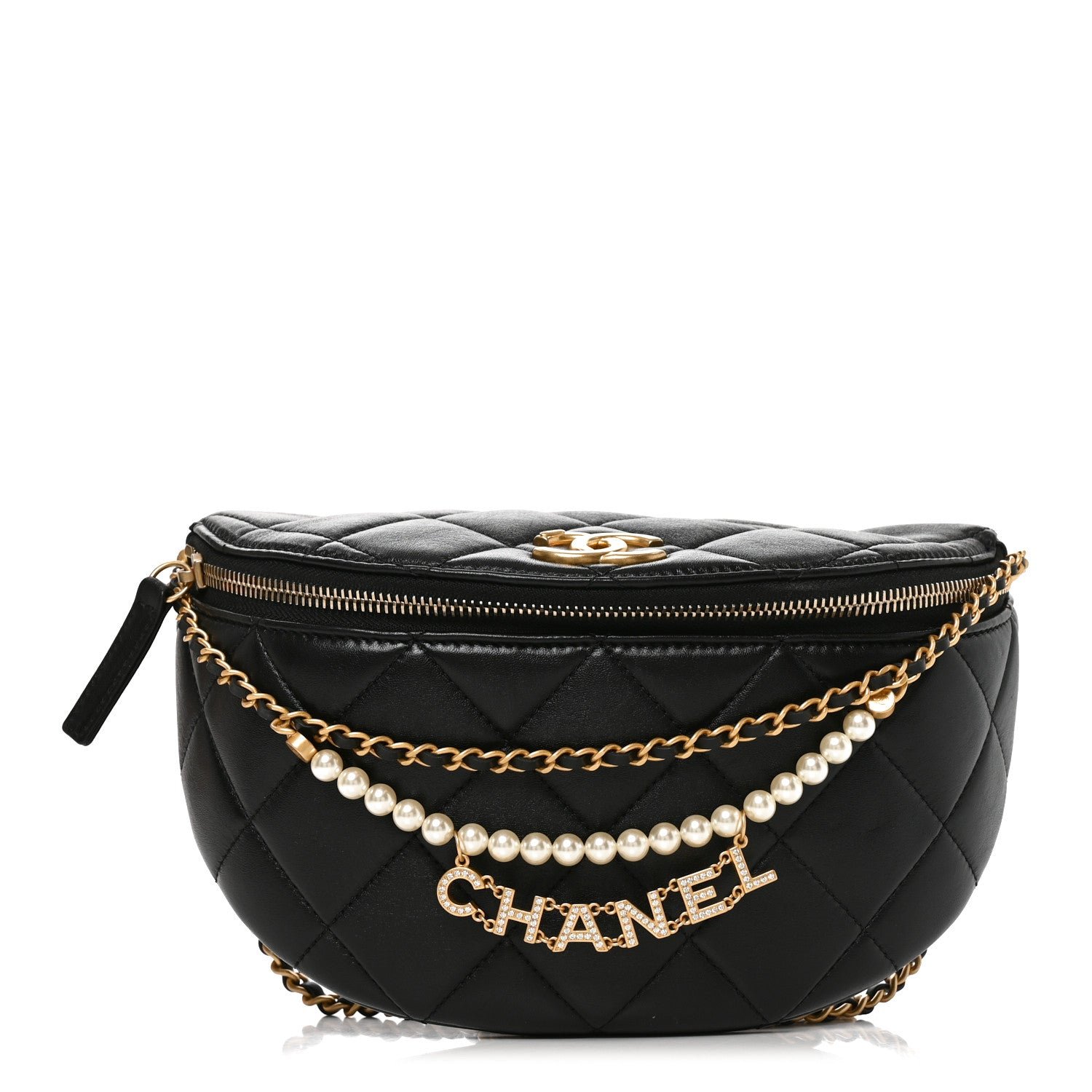 Chanel Shiny Lambskin Quilted Pearl Logo Waist Bag Black