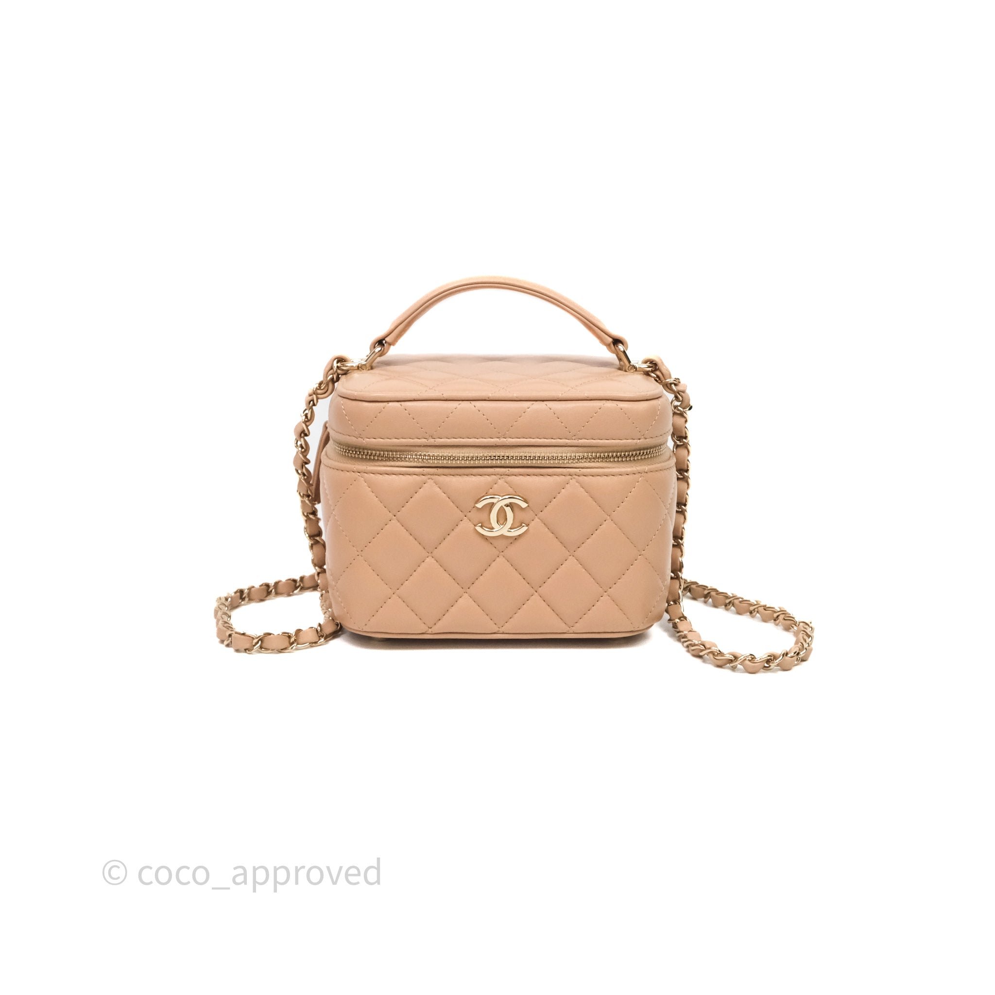 Chanel Top Handle Vanity With Chain Beige Lambskin Aged Gold Hardware