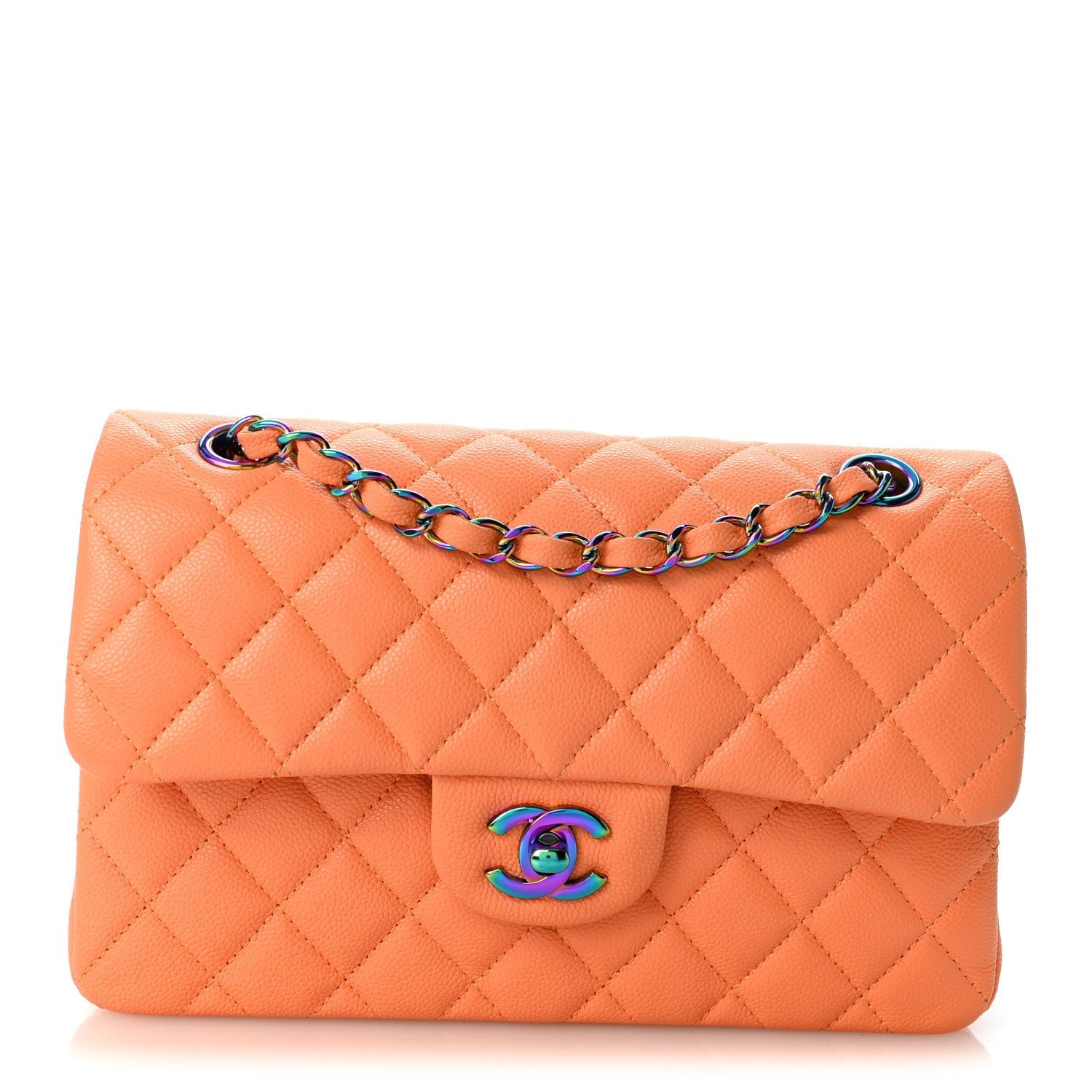Chanel Caviar Quilted Rainbow CC Small Double Flap Orange