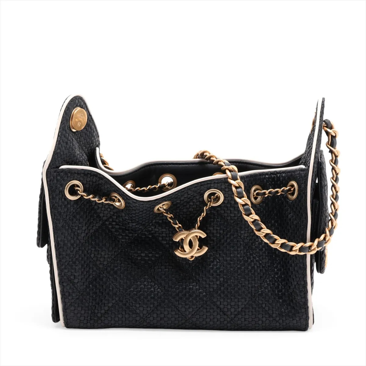 Chanel Chanel 25 Mini Raffia x leather Chain Shoulder Bag Black × White Gold Met