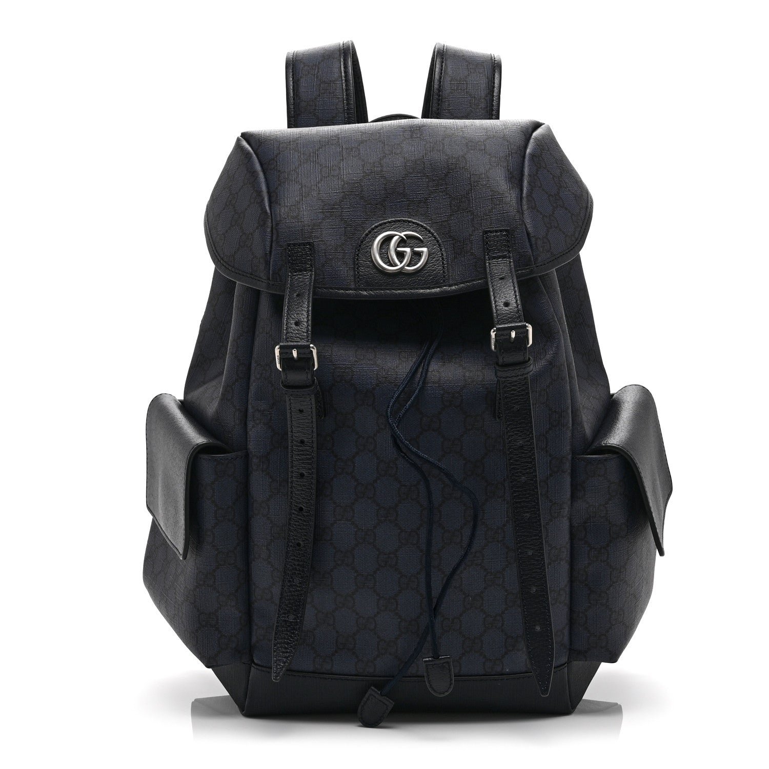 Gucci GG Supreme Monogram Textured Dollar Calfskin Medium Ophidia Double Buckle Backpack Blue Dark Blue Black