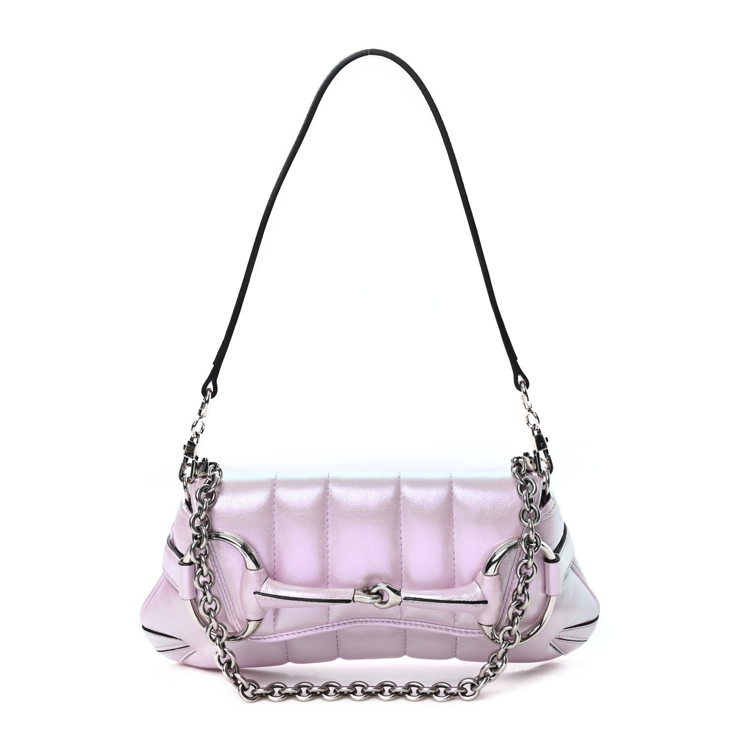 Gucci Iridescent Nappa Vertical Matelasse Small Maxi Horsebit Chain Shoulder Bag Escape Pink