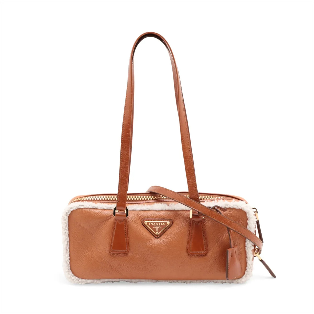 Prada 1BB124 Shearing × Lambskin 2 Way Shoulder Bag Brown