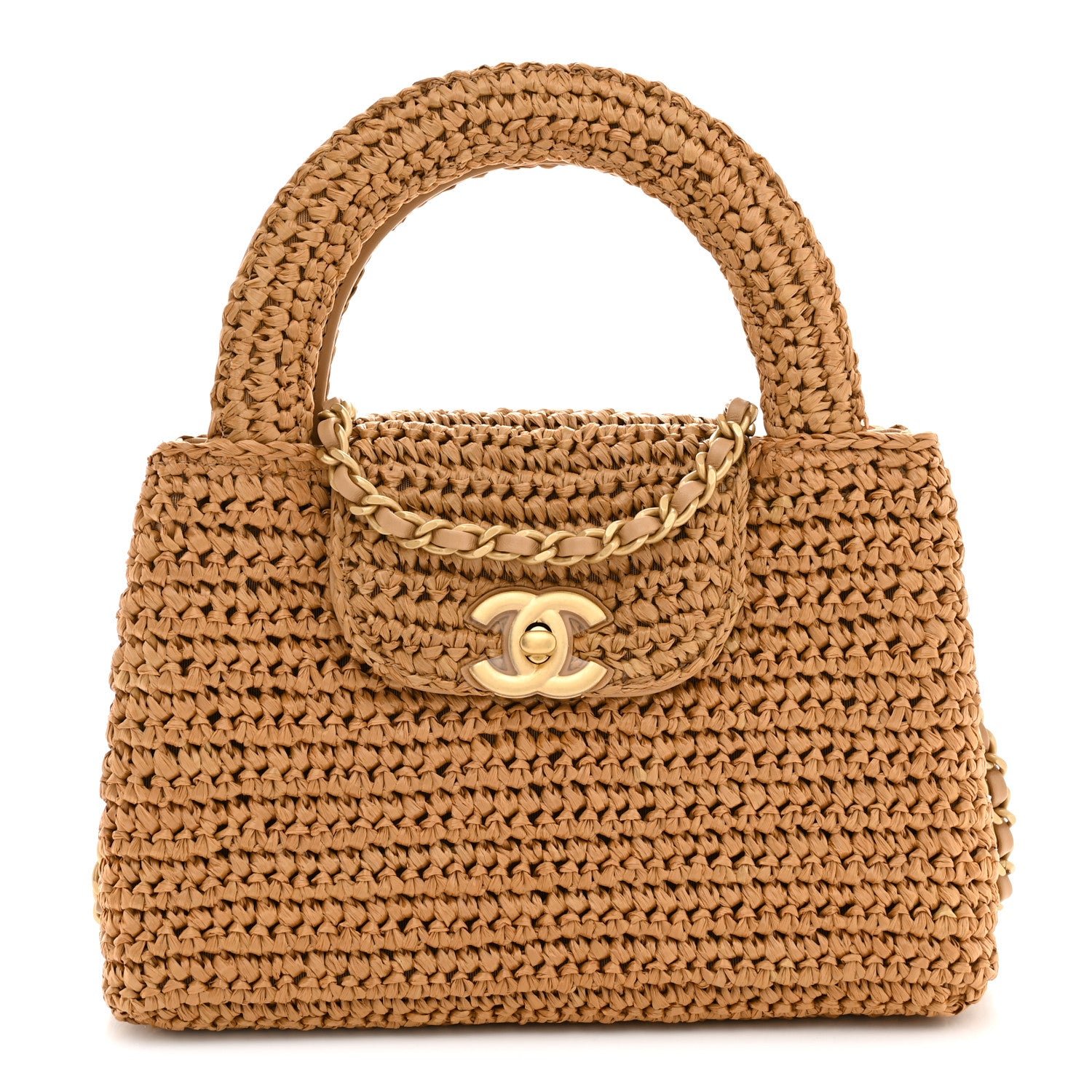 Chanel Braided Raffia Nano Kelly Flap Bag Dark Beige