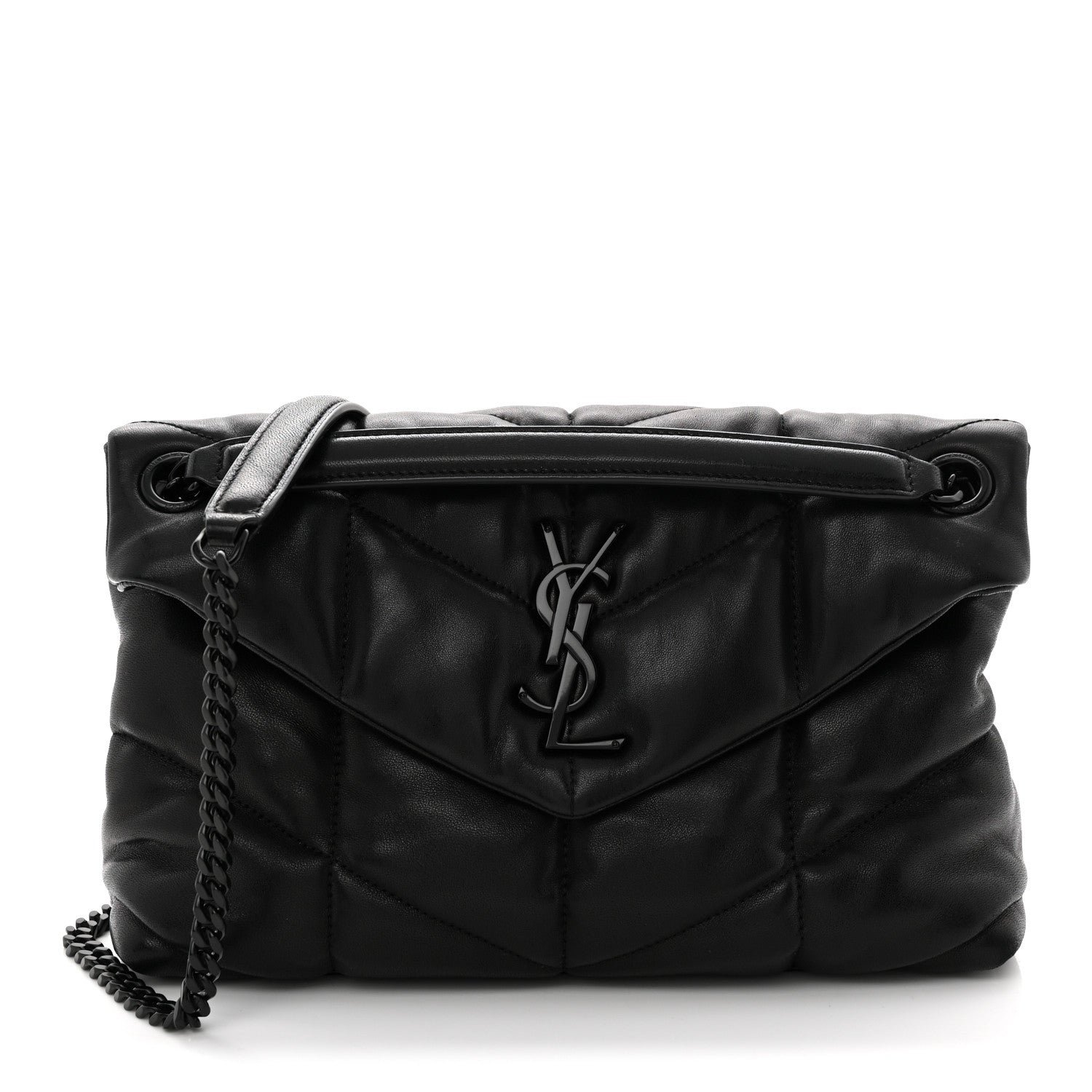 Saint Laurent Lambskin Quilted Monogram Monochrome Small Loulou Puffer Chain Satchel Black