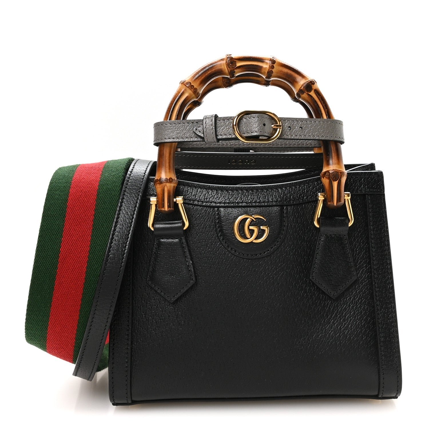 Gucci Textured Dollar Calfskin Web Mini Diana Tote Bag Black Dusty Grey