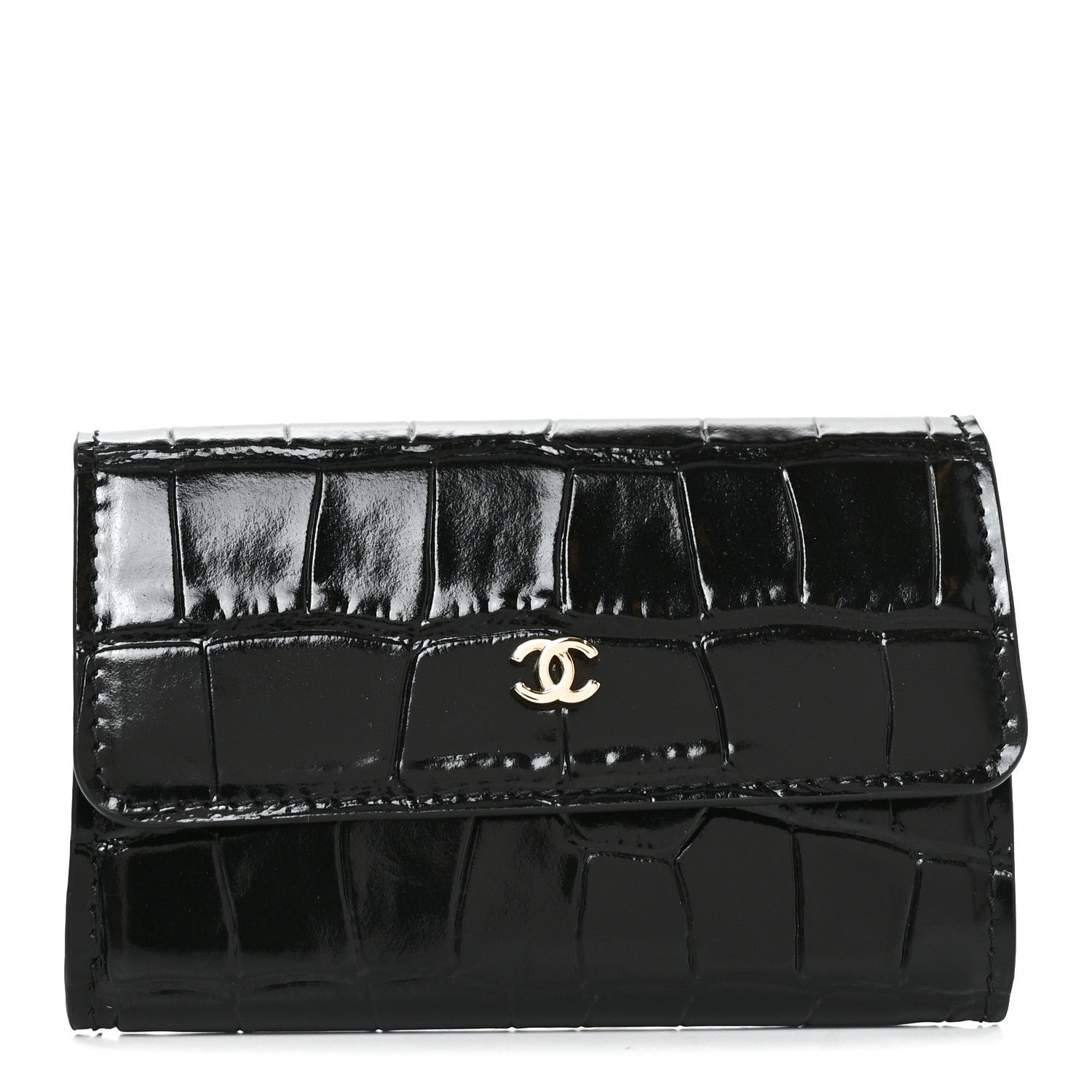 Chanel Calfskin Crocodile Embossed Crococo Flap Cardholder Black