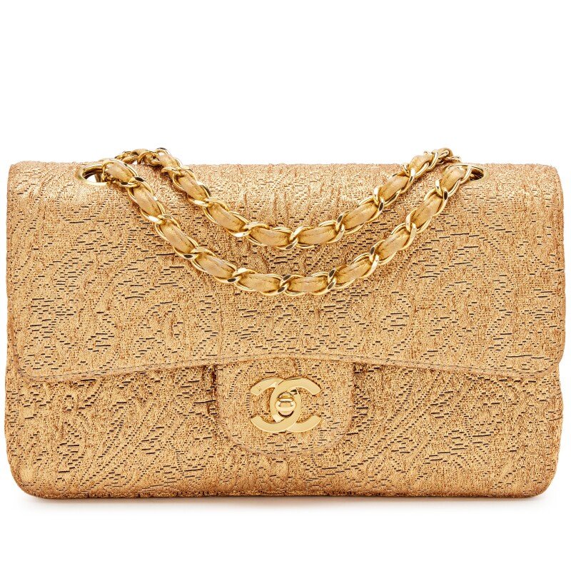 Vintage Metallic Gold Byzantine Brocade Lambskin Small Classic Double Flap Bag Gold Hardware, 1991-1994
