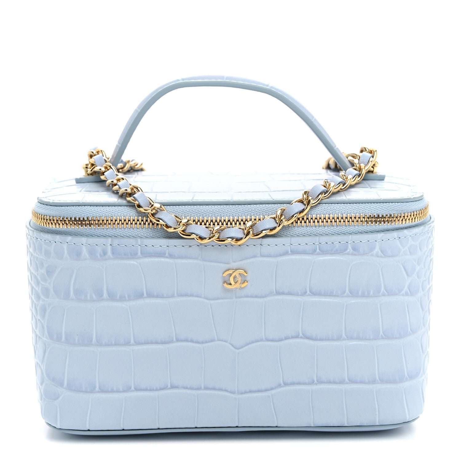 Chanel Calfskin Crocodile Embossed Crococo Small Top Handle Vanity Case With Chain Light Blue