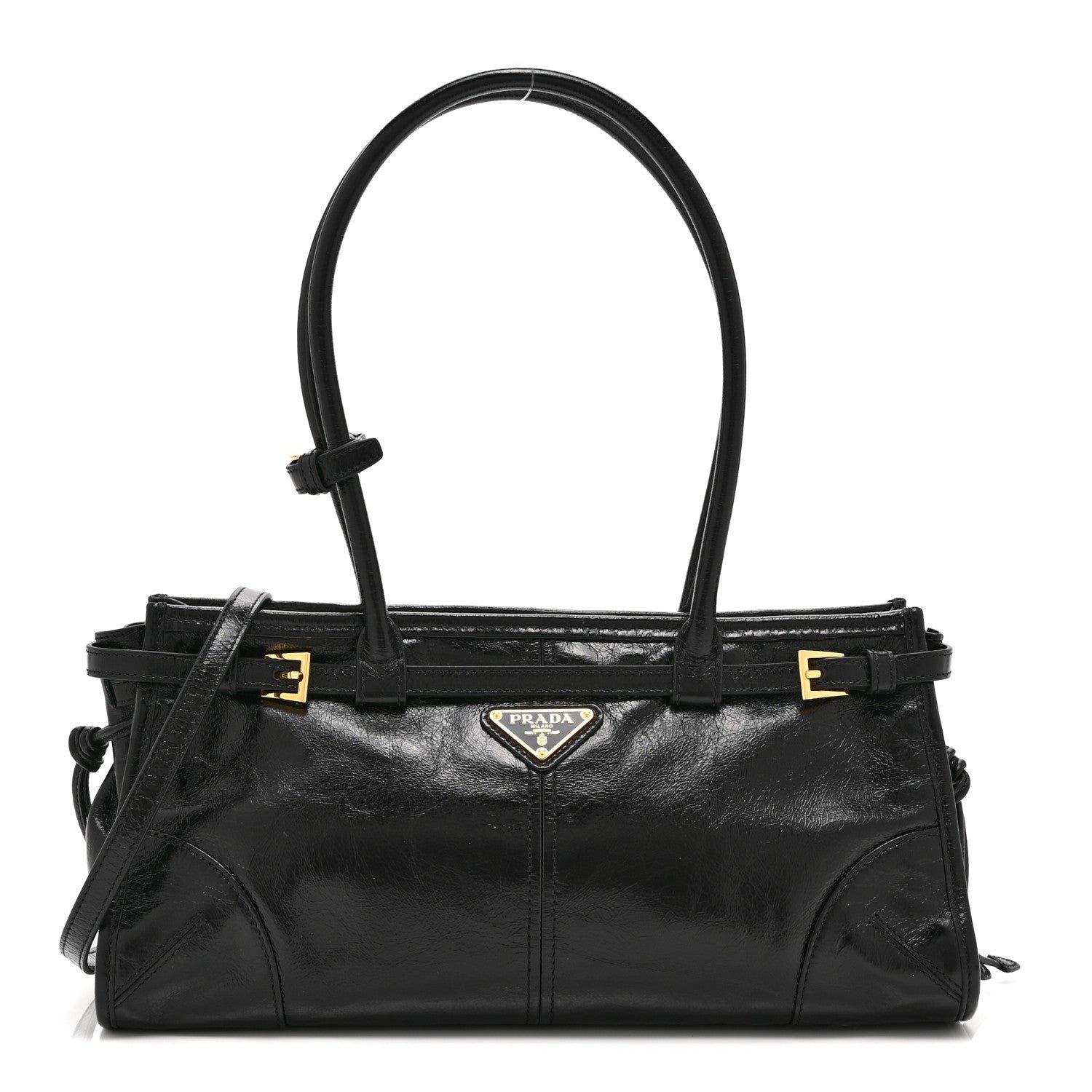 Prada Glossy Calfskin Triangle Medium Bonnie Shoulder Bag Black
