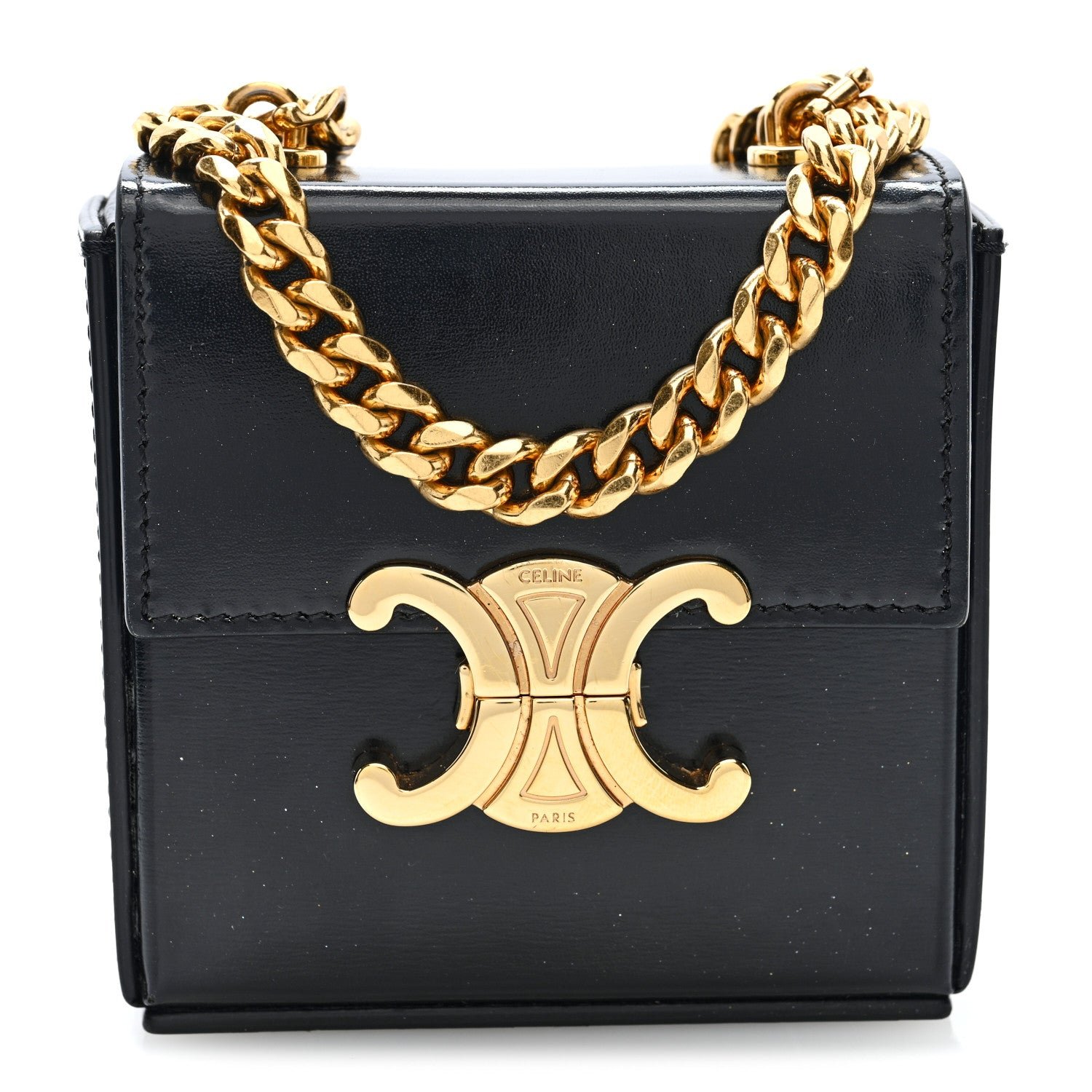 Celine Shiny Calfskin Triomphe Mini Chain Box Bag Black
