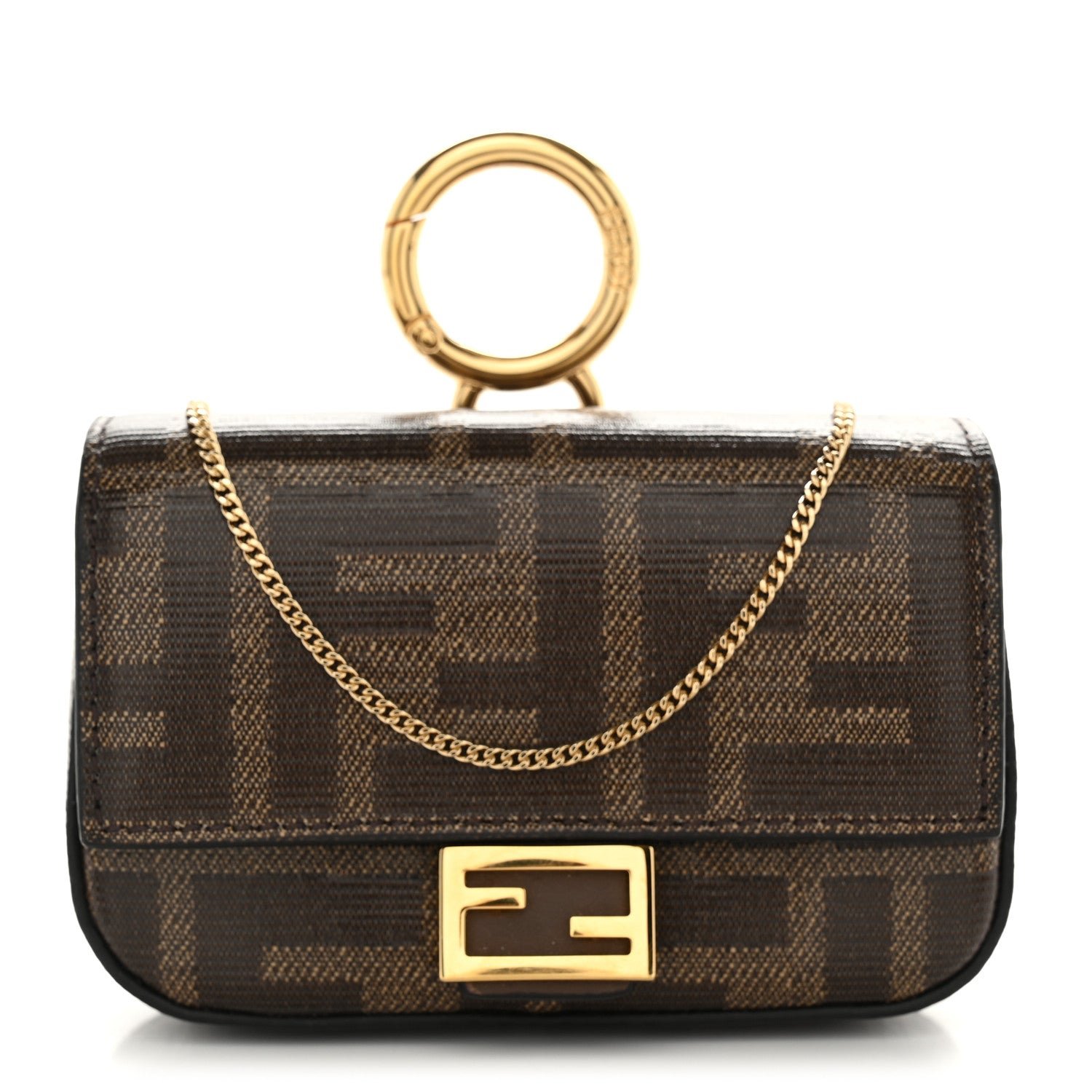 Fendi Glazed Fabric FF 1974 Nano Baguette Charm Mogano Panna