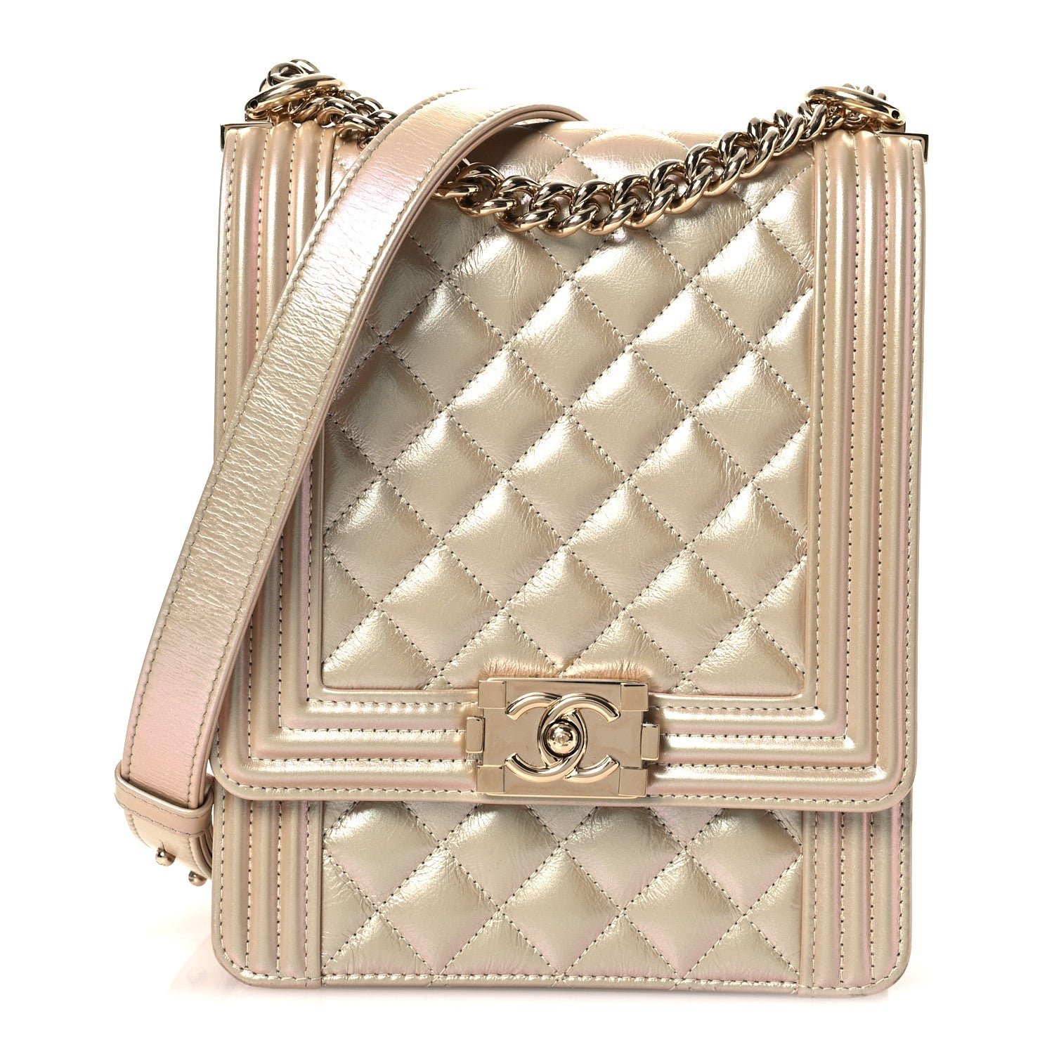 Chanel Iridescent Calfskin Quilted North South Boy Flap Beige