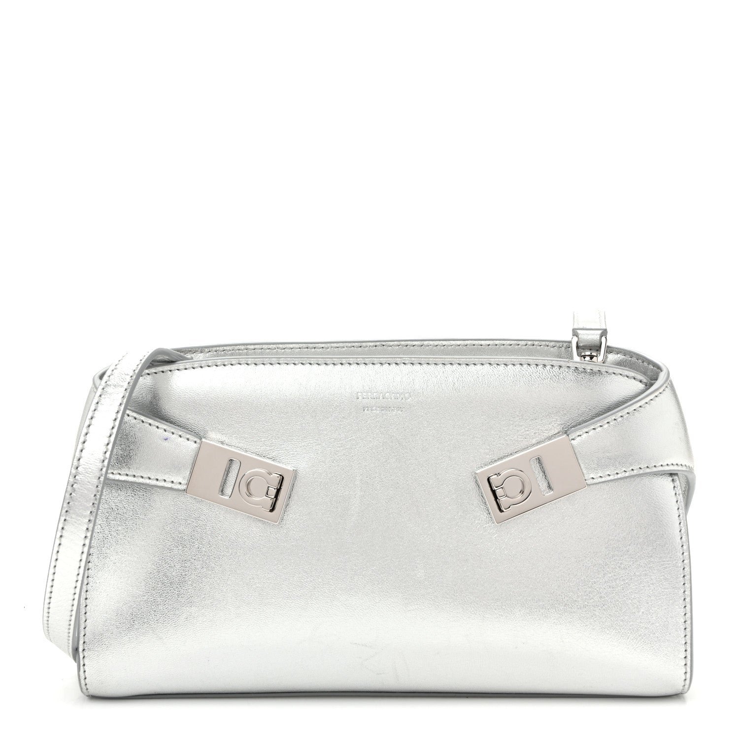 Salvatore Ferragamo Metallic Calfskin Mini E/W Hug Crossbody Bag Silver