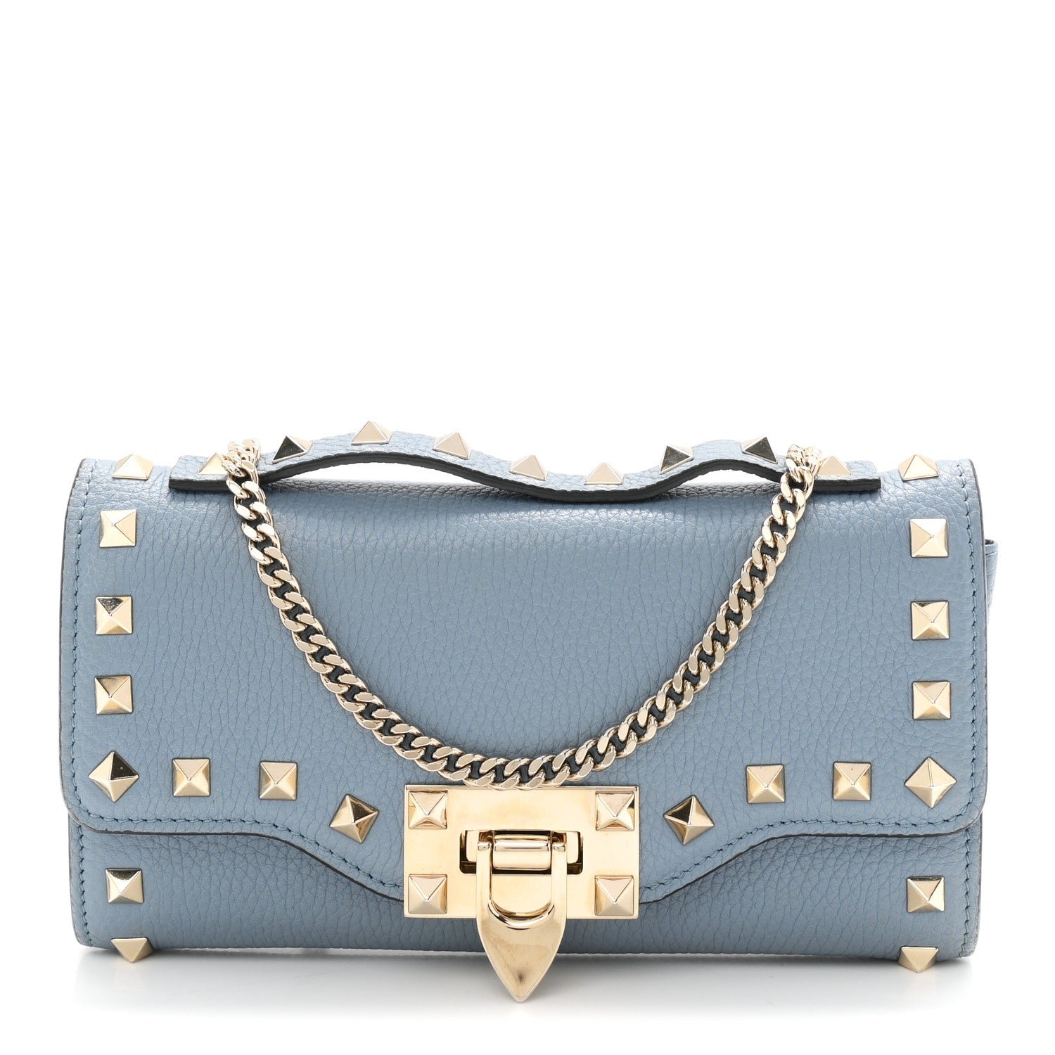 Valentino Garavani Pebbled Calfskin Rockstud Flip Lock Wallet On Chain Niagara