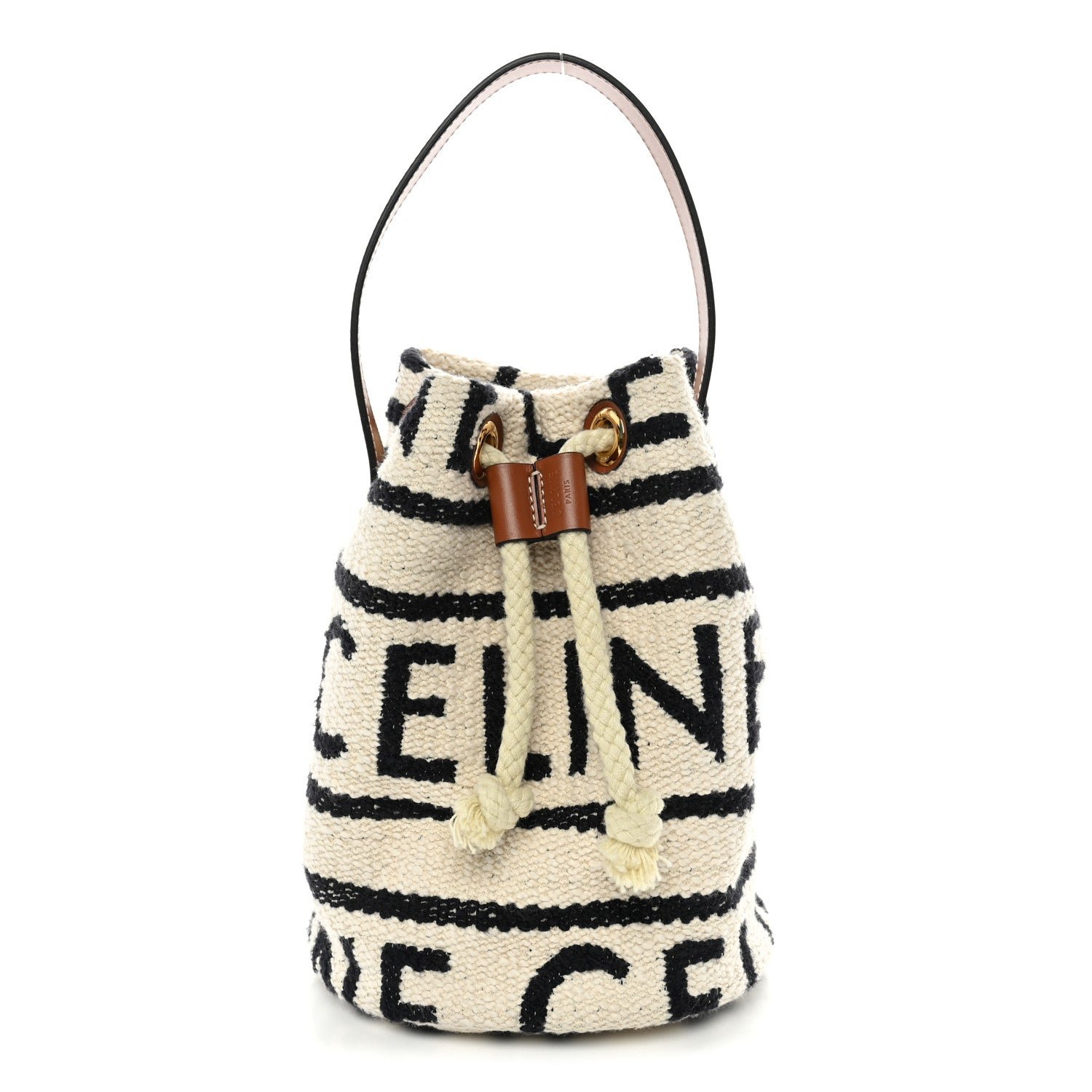 Celine Canvas Drawstring Logo Bucket Bag White Black
