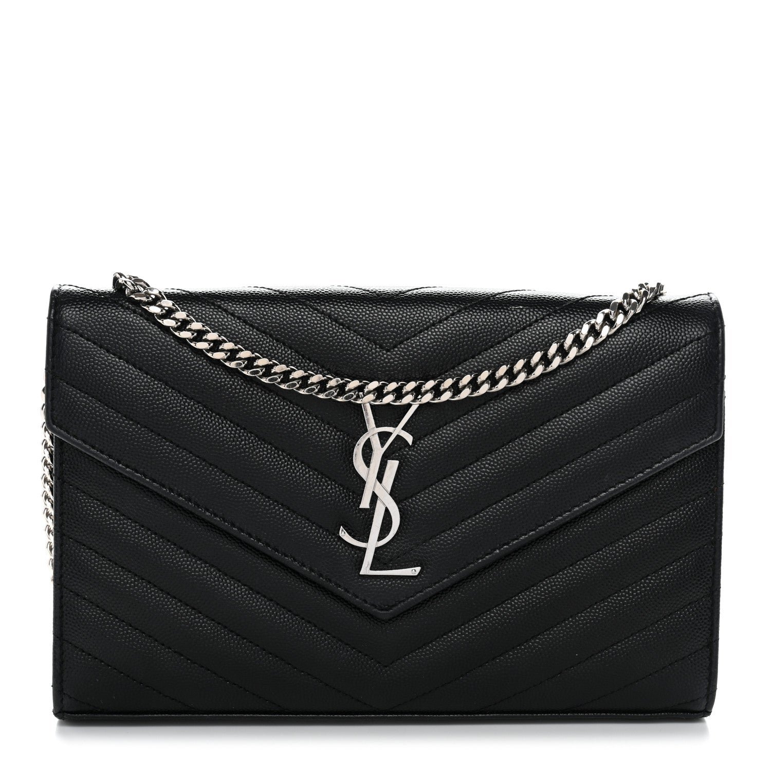 Saint Laurent Grain De Poudre Matelasse Chevron Monogram Chain Wallet Black