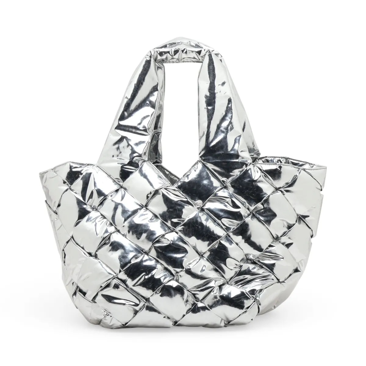 Bottega Veneta Maxi Intreccio Patent Leather Hand bag Silver