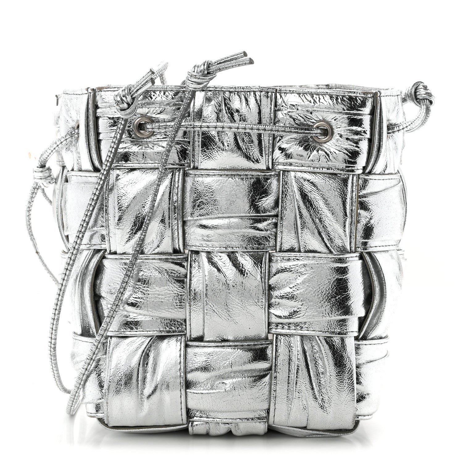 Bottega Veneta Metallic Calfskin Intrecciato Foulard Bucket Bag Silver