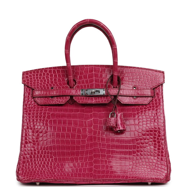 Pre-owned Hermes Birkin 35 Rose Scheherazade Shiny Porosus Crocodile Palladium Hardware